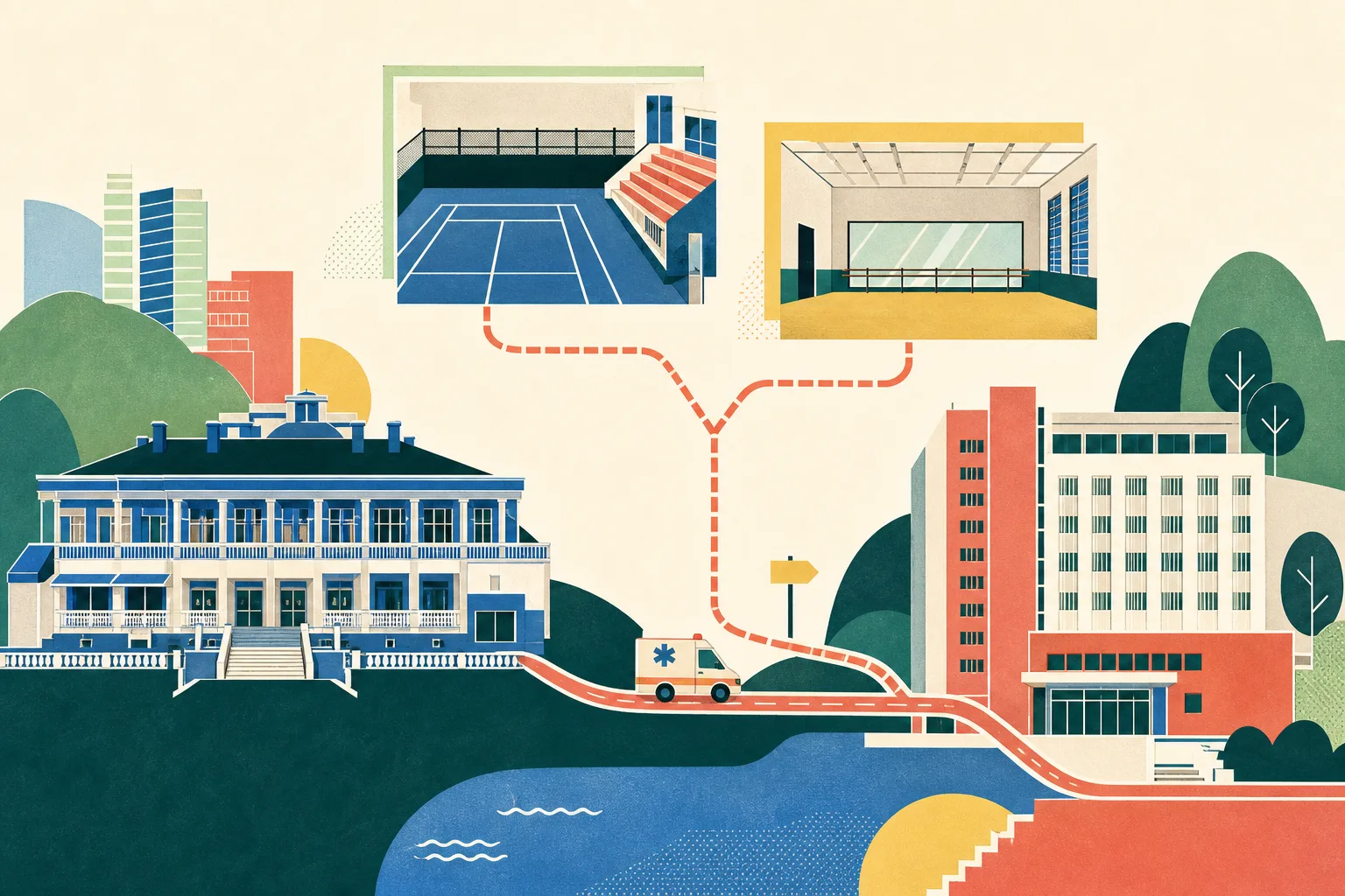 Flat cut-paper illustration of a clubhouse facade, a simplified ambulance, and a hospital block linked by a geometric route, with two separate offset space fragments showing a court grid and an open practice-room shape.