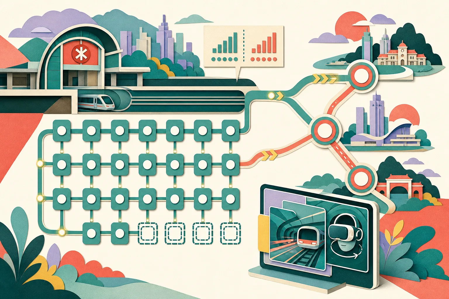 A cut-paper diagram of a simplified rail station and tunnel network, showing a 24-part upgrade grid with 20 connected teal tiles and four outlined tiles, paired 3.3GHz and 3.5GHz signal bars, a route toward three larger interchange nodes, and a small layered VR advertising display.