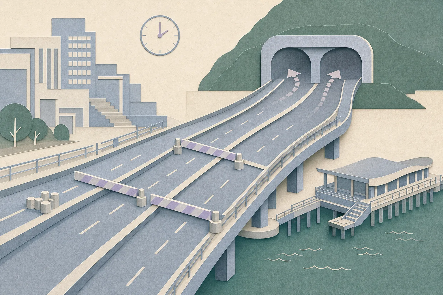 A flat cut-paper illustration of an elevated roadway beside a simplified tunnel portal, with several lanes interrupted by closure bars and neutral roadside barriers; two subdued paths diverge at the tunnel approach.