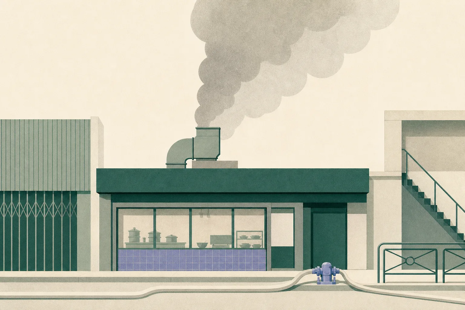 A simplified street-level food-service frontage with an unlabelled rooftop exhaust duct, dense smoke rising above it, and an abstract firefighting hose outside.