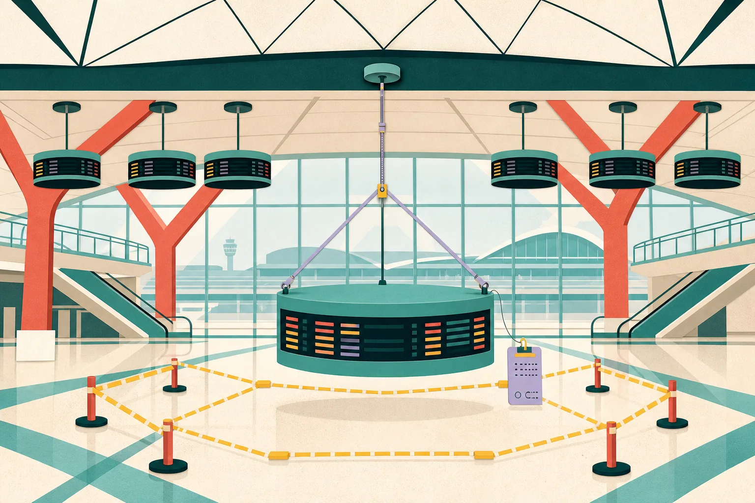 Cut-paper architectural illustration of an airport terminal departures level, showing a circular electronic display suspended below its ceiling position and held by a secondary safety support above a geometric cordoned area; five other displays remain evenly spaced in the background.