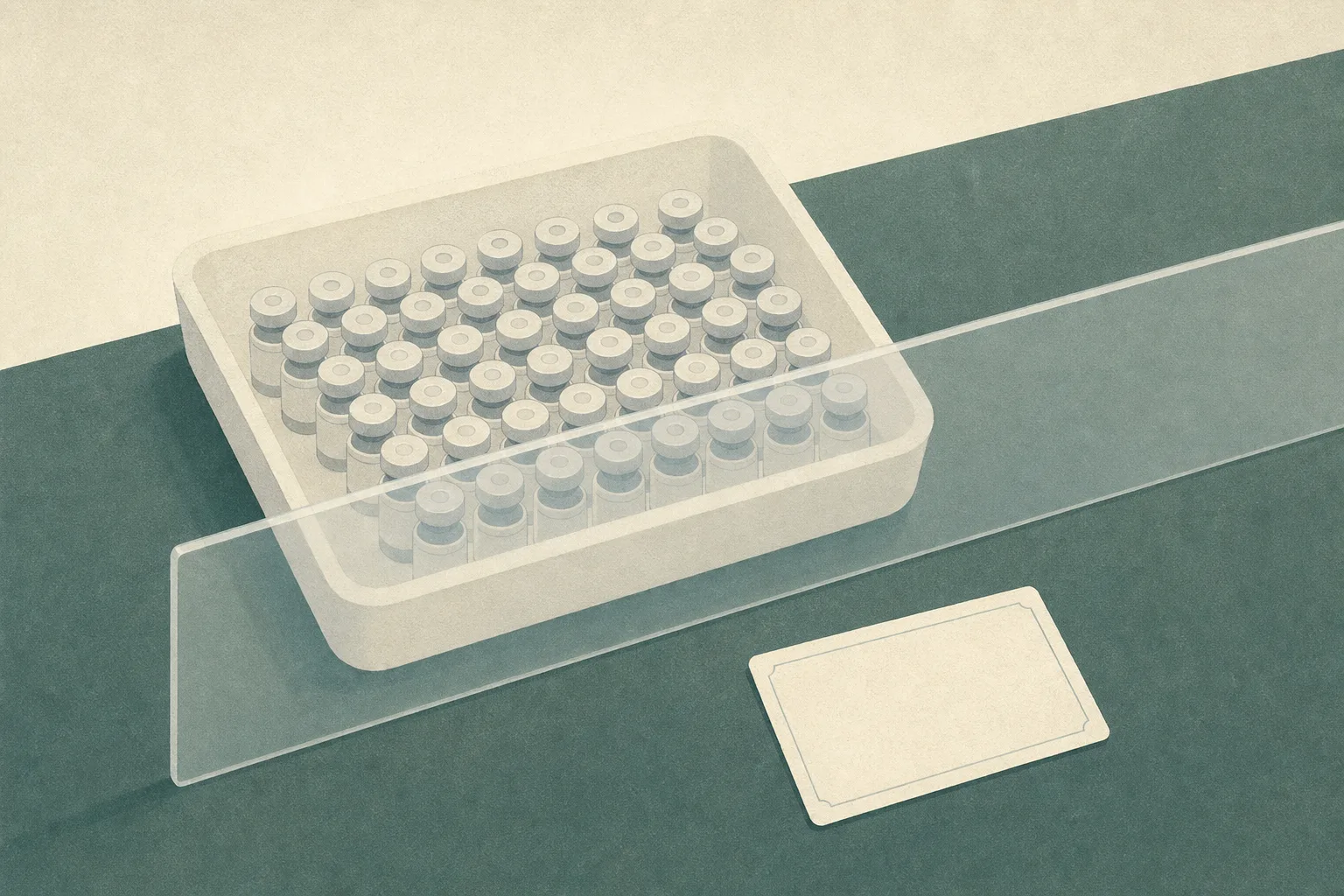 A top-down illustration of sealed unlabeled vials arranged in a shallow tray behind a translucent boundary panel, with a blank registration card set beside them.
