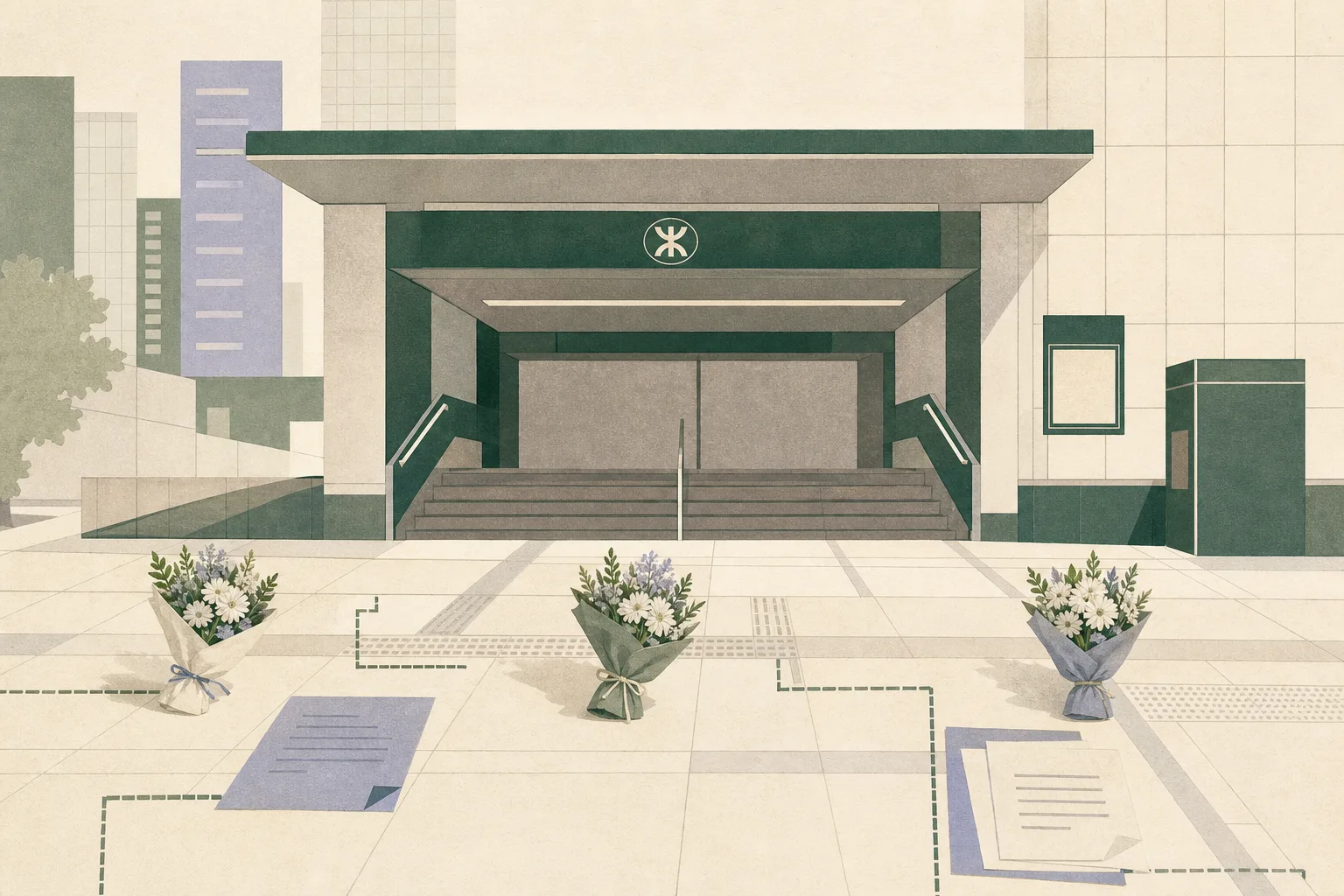 Flat architectural illustration of the Prince Edward MTR station entrance, with three separated bouquets on the forecourt and restrained document-like lines and boundary shapes layered across the scene.
