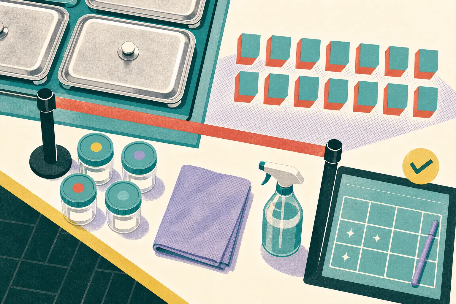 Top-down illustration of covered buffet trays behind a closure strip, with sealed sample containers, cleaning tools and fourteen plain geometric tiles arranged on a pale surface.