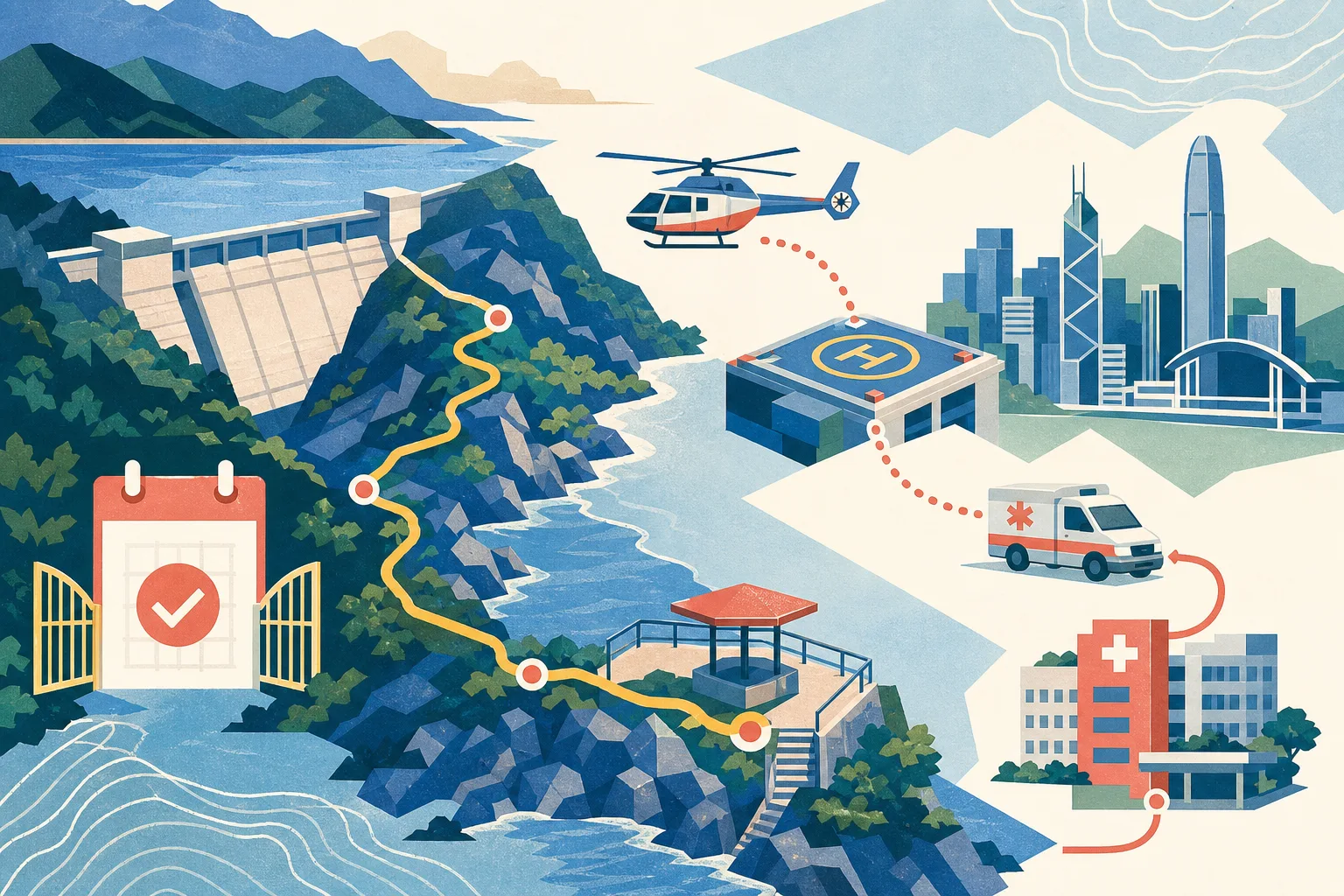 A cut-paper coastal route collage connects East Dam to the Po Pin Chau viewpoint, then shows a helicopter route to a Wan Chai helipad and an ambulance link to a hospital, alongside a small advance-booking marker.