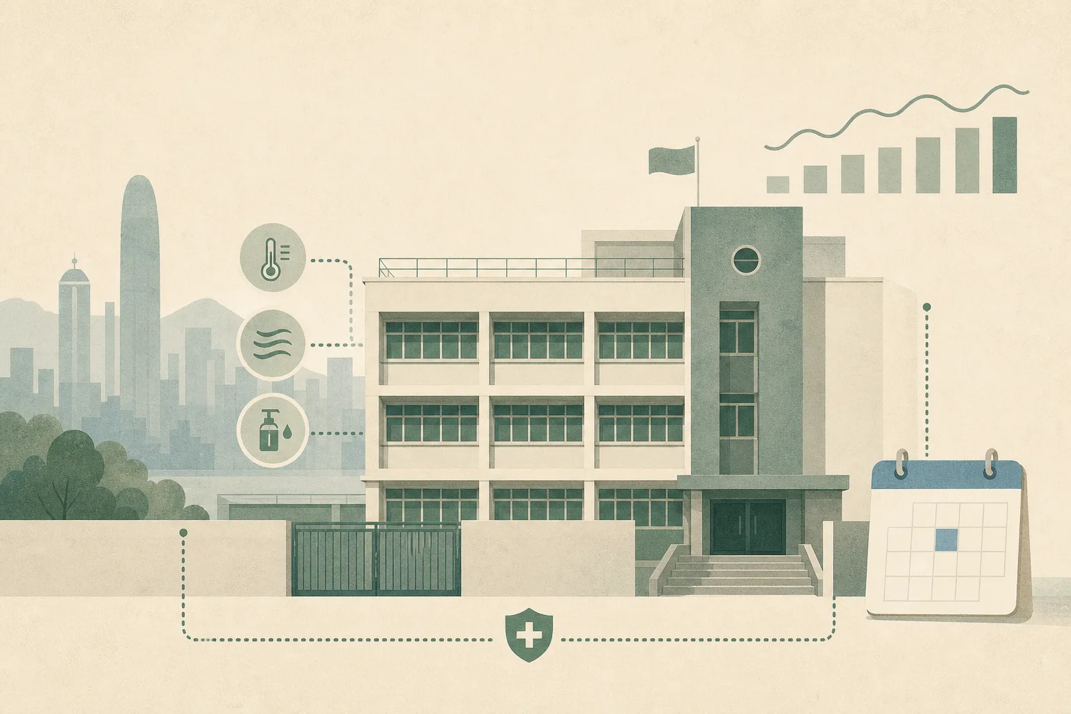 A people-free simplified Hong Kong school facade sits behind a fine infection-control boundary, beside three muted circular case markers and a small calendar marked 17 September; restrained blue and grey shapes suggest public-health monitoring and vaccination planning.