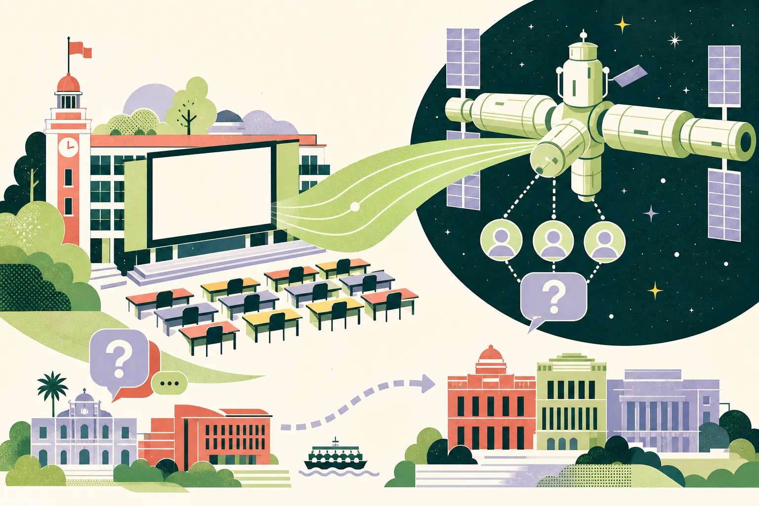 A colourful cut-paper illustration links a Hong Kong school building and blank broadcast screen to a simplified space-station module above, using a sweeping signal ribbon, three abstract crew nodes and a small question-card symbol.