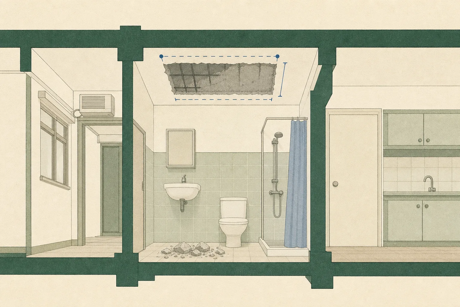 A flat architectural diagram of an anonymised tenement bathroom, showing a rectangular section of exposed ceiling above a small separated group of concrete fragments on the floor.