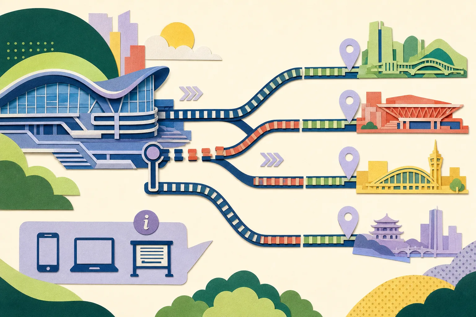 Flat cut-paper illustration of Hong Kong West Kowloon Station with several coloured rail lines branching toward destination markers. One signal junction briefly interrupts the lines before they continue in an orderly pattern, alongside a small railway information panel.