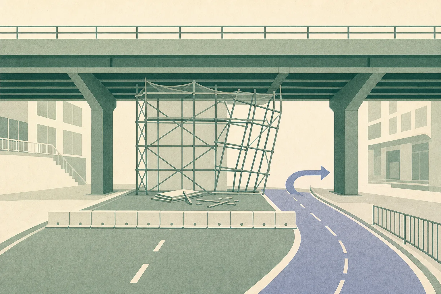 Flat graphic illustration of a flyover over Ferry Street, with a damaged rectangular scaffold frame beneath it, a few construction materials on the roadway, and a barrier redirecting traffic around the closed section.