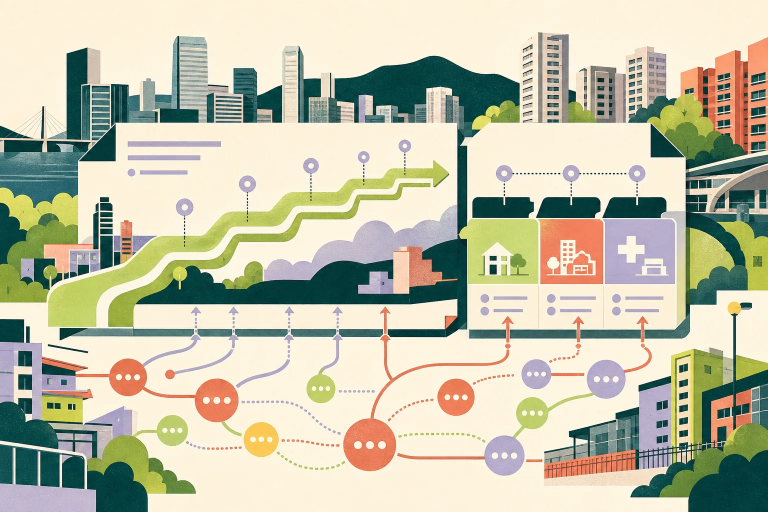 Flat graphic of two linked civic planning panels: a long stepped route on the left and a sequence of smaller annual blocks on the right, with abstract consultation marks feeding into both and simplified city buildings in the background.