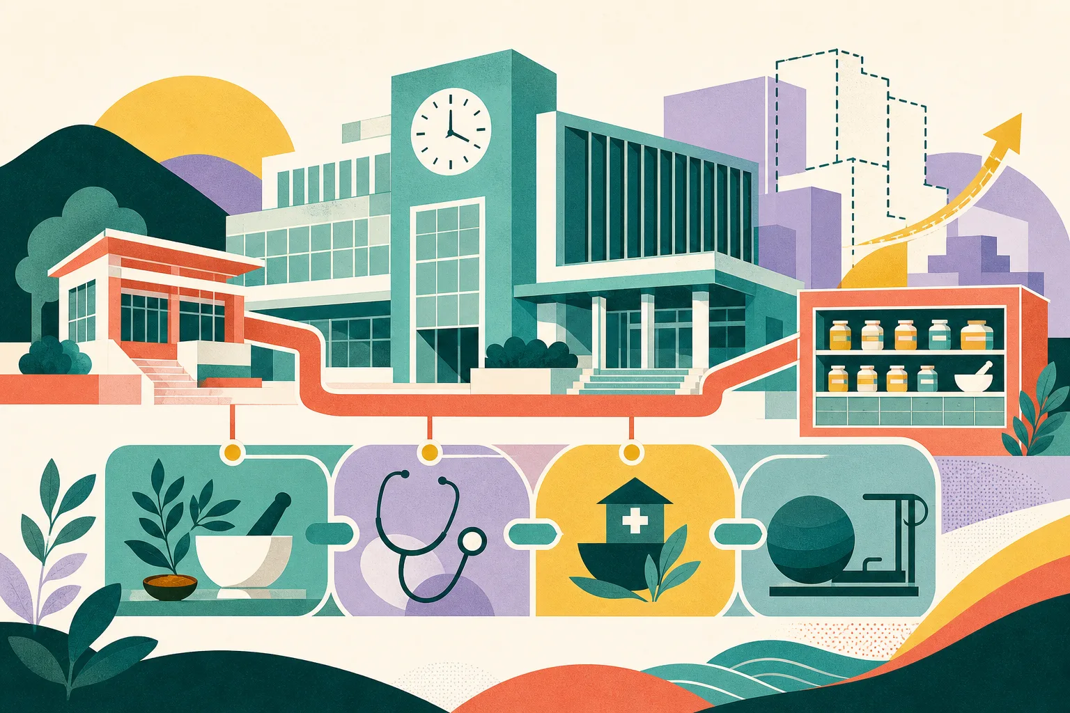 Flat cut-paper illustration of a contemporary Chinese medicine hospital connected by geometric pathways to a community clinic and a small herbal pharmacy module, with a simple clock motif and layered shapes suggesting coordinated medical services.