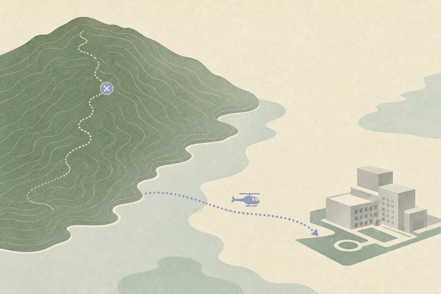 An abstract topographic hillside route connects to a simplified hospital building, with a small neutral flight-path symbol and an interruption marker along the route.