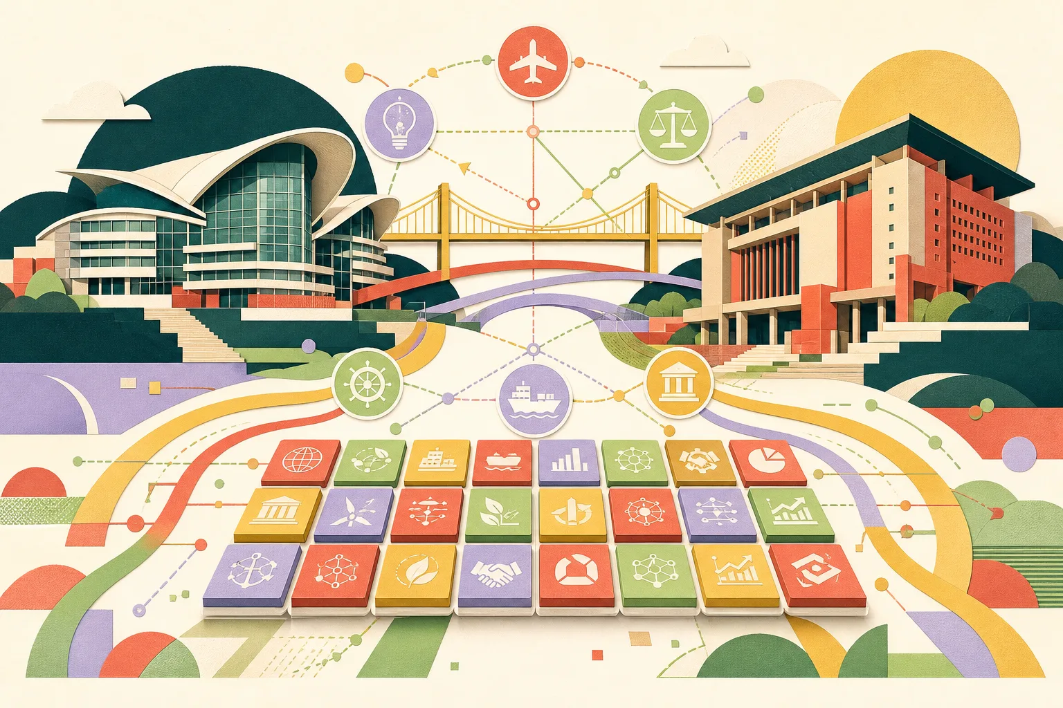 A cut-paper illustration of two simplified civic architectural blocks linked by colourful geometric bridges, service nodes and a modular grid of agreement tiles, with ample open space and no people.
