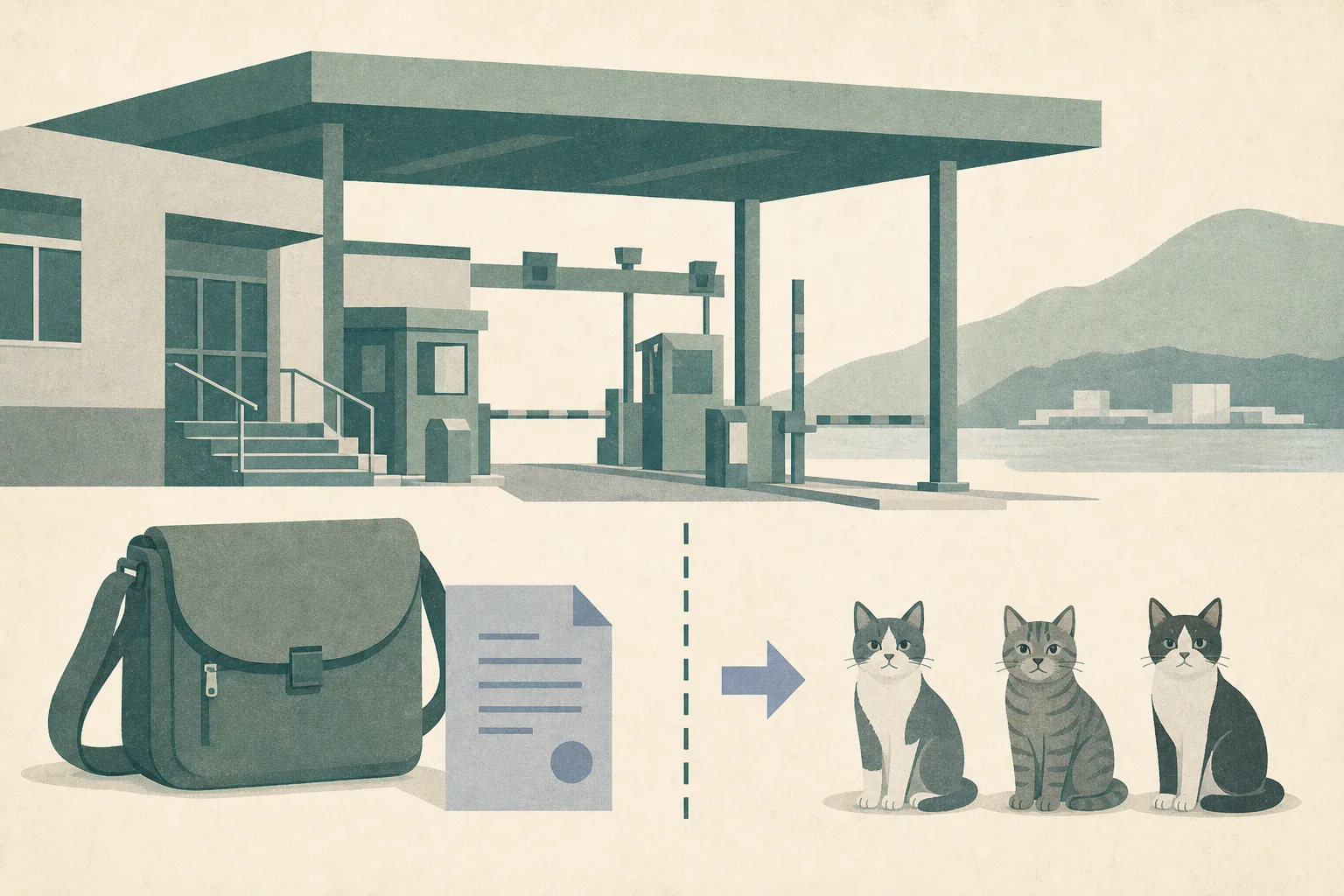 A restrained cut-paper illustration of a checkpoint canopy and inspection lane, with a closed shoulder bag, three small calm cat symbols, a neutral permit document and a boundary line leading toward an official review marker.