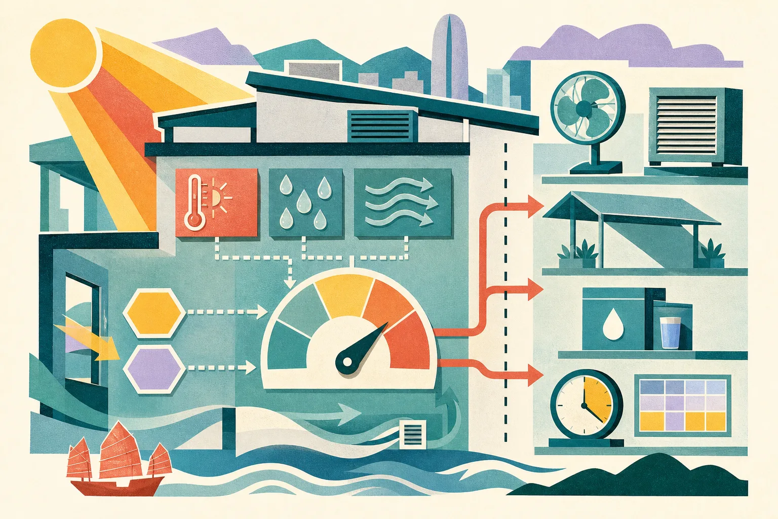 A cut-paper diagram of a simplified indoor workplace shows heat rays, humidity droplets and airflow arrows entering two new trigger shapes and a generic warning dial, with a fan, ventilation grille, shade block and cooling station arranged nearby.