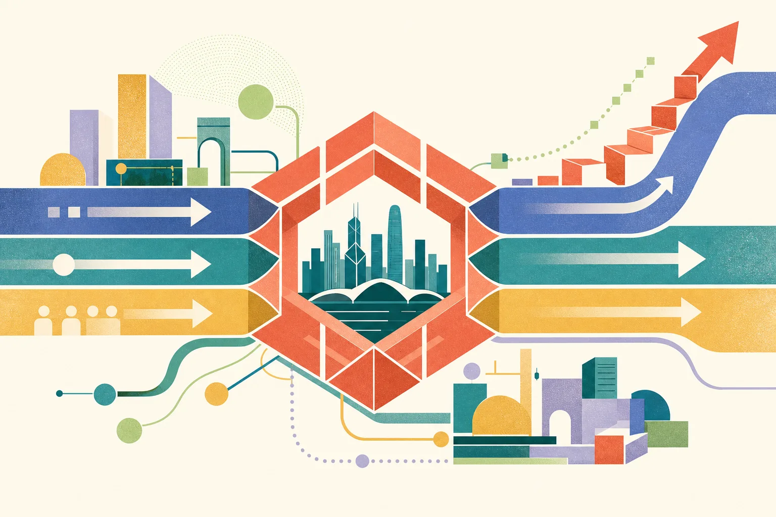 An abstract cut-paper diagram of a central geometric hub with two-way coloured bands, branching connection layers and stepped blocks suggesting growing regional business links.