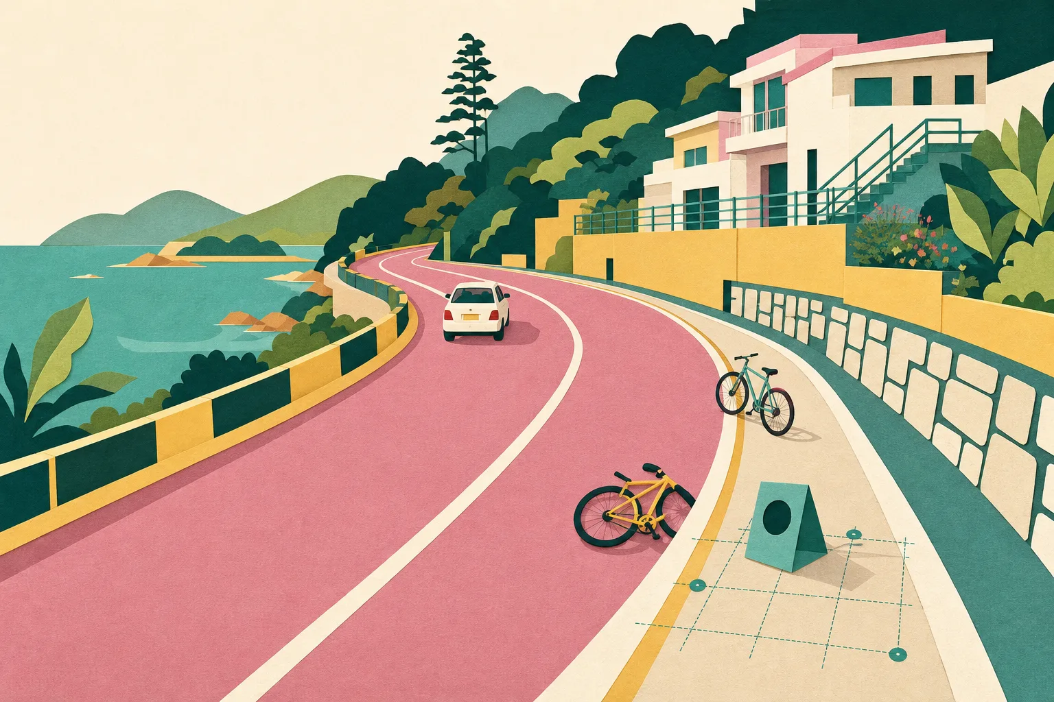 Flat cut-paper illustration of a Sai Kung roadside corridor near Marina Cove, with a simplified car and two separate bicycles arranged around a clear lane boundary, plus a restrained geometric investigation marker.
