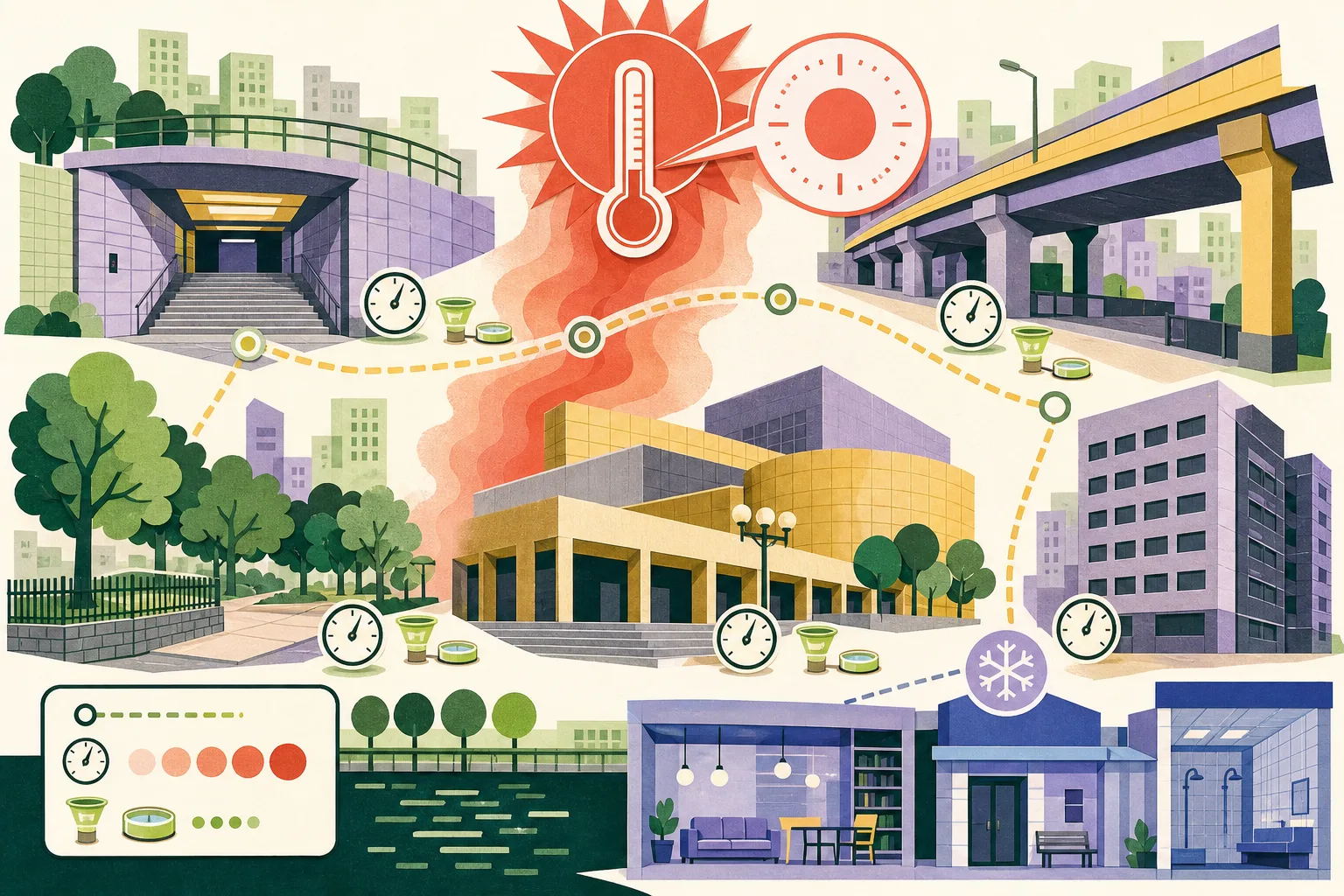 Flat cut-paper illustration of four simplified Kowloon West urban sleeping-site settings connected by temperature, humidity and sampling markers, with coral heat bands reaching an apparent-temperature reading of 48.5°C and a blue cluster suggesting cooling, community and bathhouse support facilities