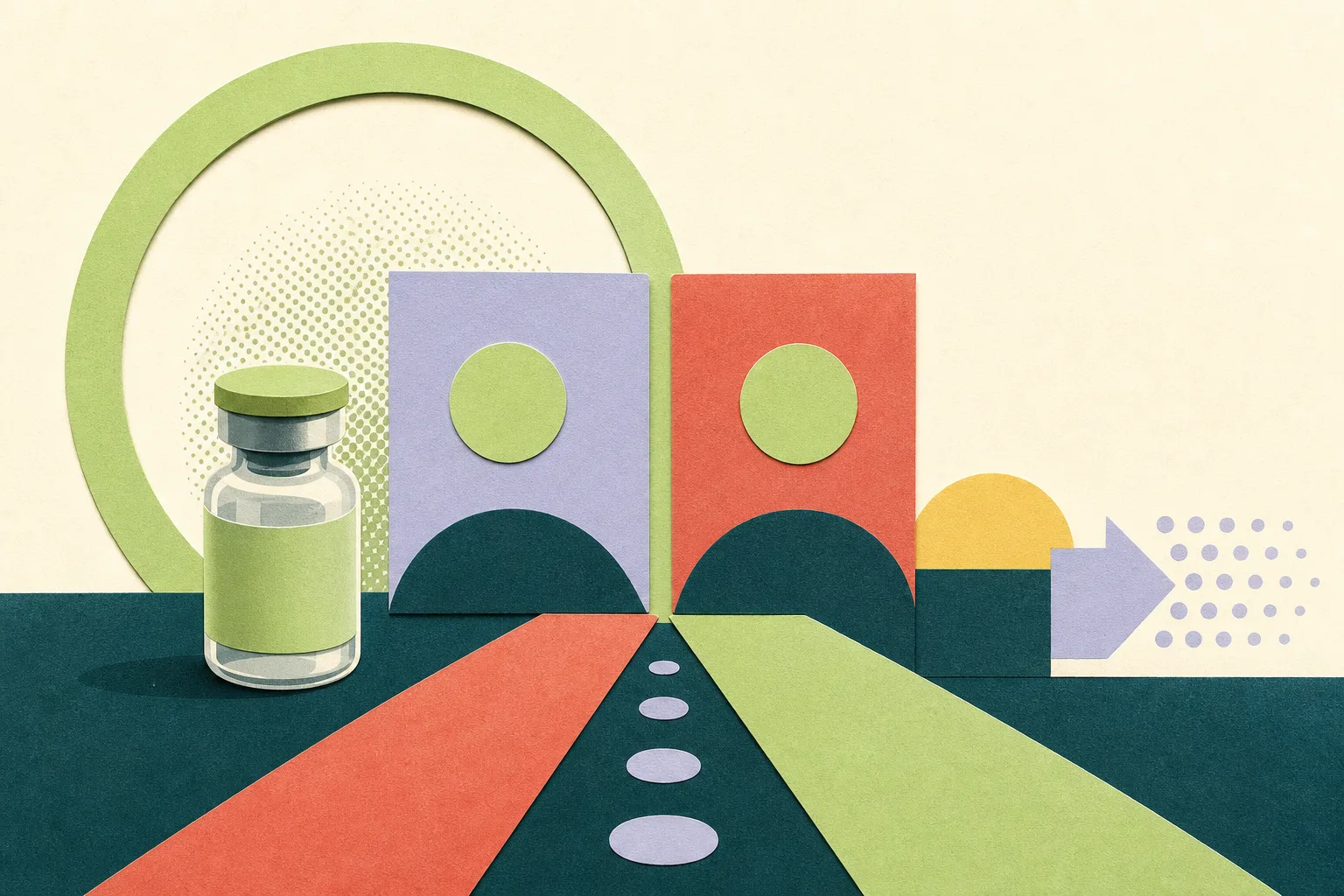 A cut-paper still life with an unbranded vaccine vial, two equal information cards and a circular protective form connected by geometric pathways on a lightly textured background.