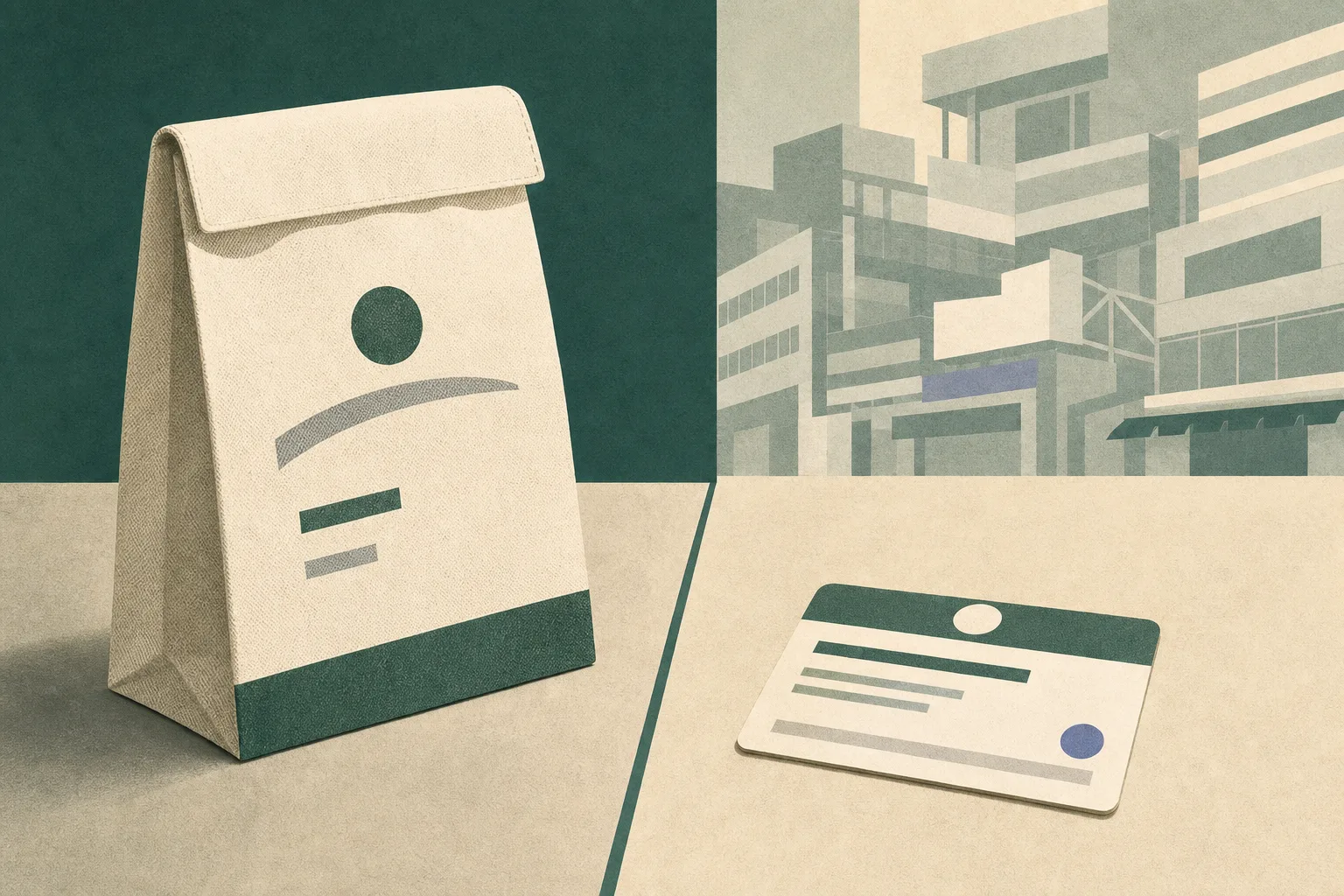 A subdued editorial still life shows a plain collection bag and an abstract collector card separated by a thin boundary line on a flat surface, with simplified Hong Kong commercial buildings in the background.