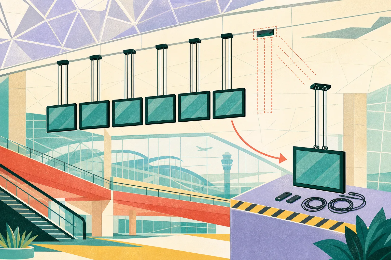 Flat cut-paper illustration of an airport departure hall with five fixed suspended display panels, reinforced cable lines, and one removed panel set aside for inspection.