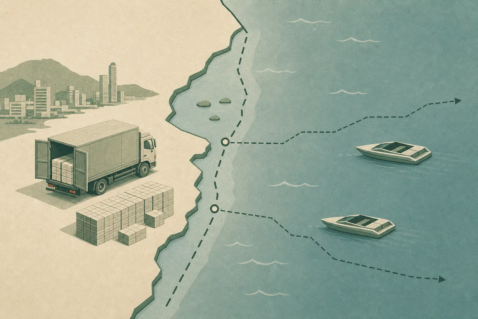 A restrained diagrammatic coastal scene shows a detained lorry carrying stacked cigarette cartons beside a simplified shoreline, while two unlit speedboat forms sit beyond a broken offshore boundary with interrupted route lines leading away.