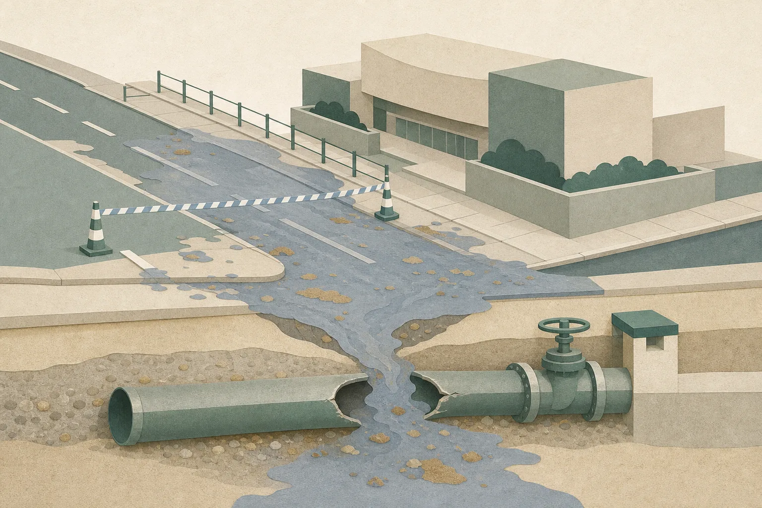 Cut-paper diagram of a sloped urban road beside a simplified shopping-centre block, with a broken underground pipe sending muddy water and sediment downhill across part of the road and pavement behind a simple cordon line.