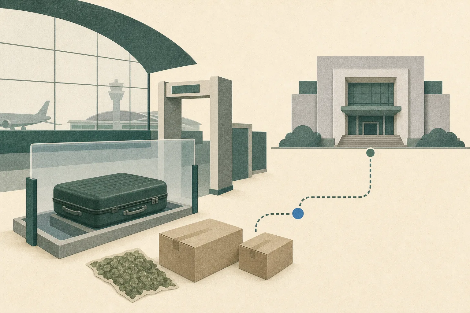A quiet cut-paper illustration shows a closed carry-on case and two generic sealed boxes behind an airport inspection boundary, with a simplified court facade connected by a thin route line.