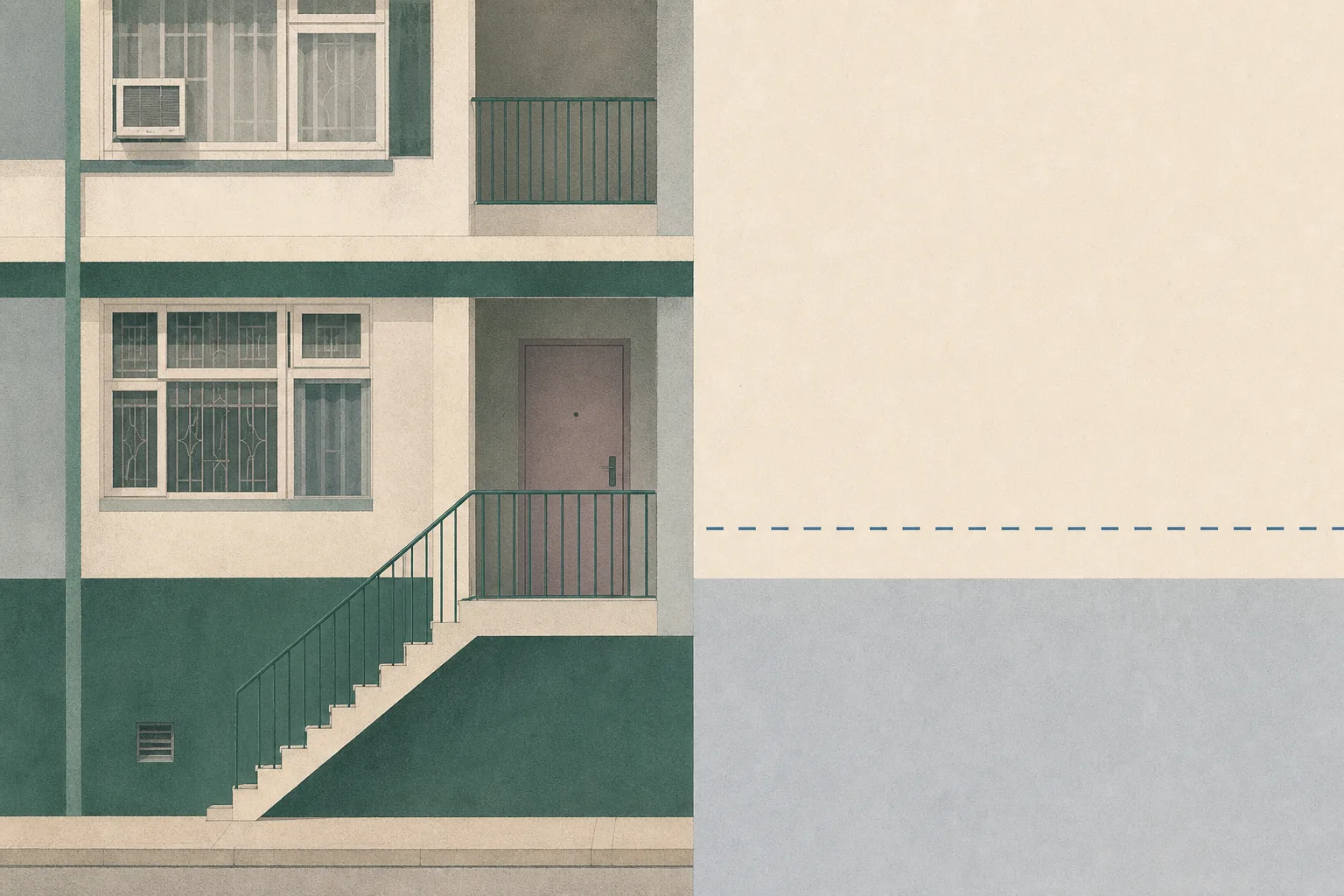A low-chroma cut-paper illustration of an anonymous Yau Ma Tei residential block with one closed doorway, a narrow boundary line and an empty panel suggesting an ongoing investigation.