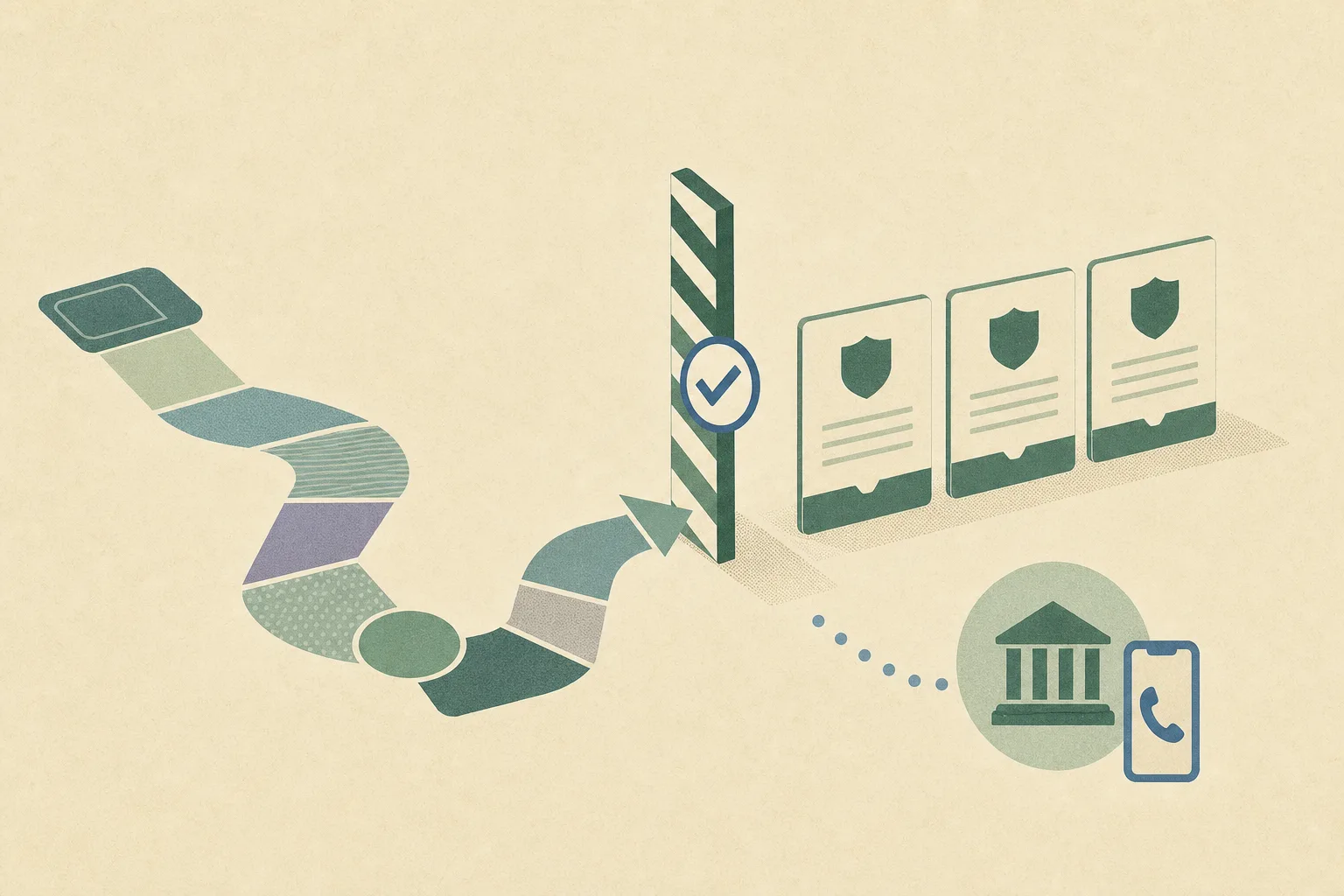 An abstract diagram shows a geometric tour route approaching a simplified shop frontage before stopping at a boundary marked by an inspection symbol, with three licence tiles set apart and a small official contact icon nearby.