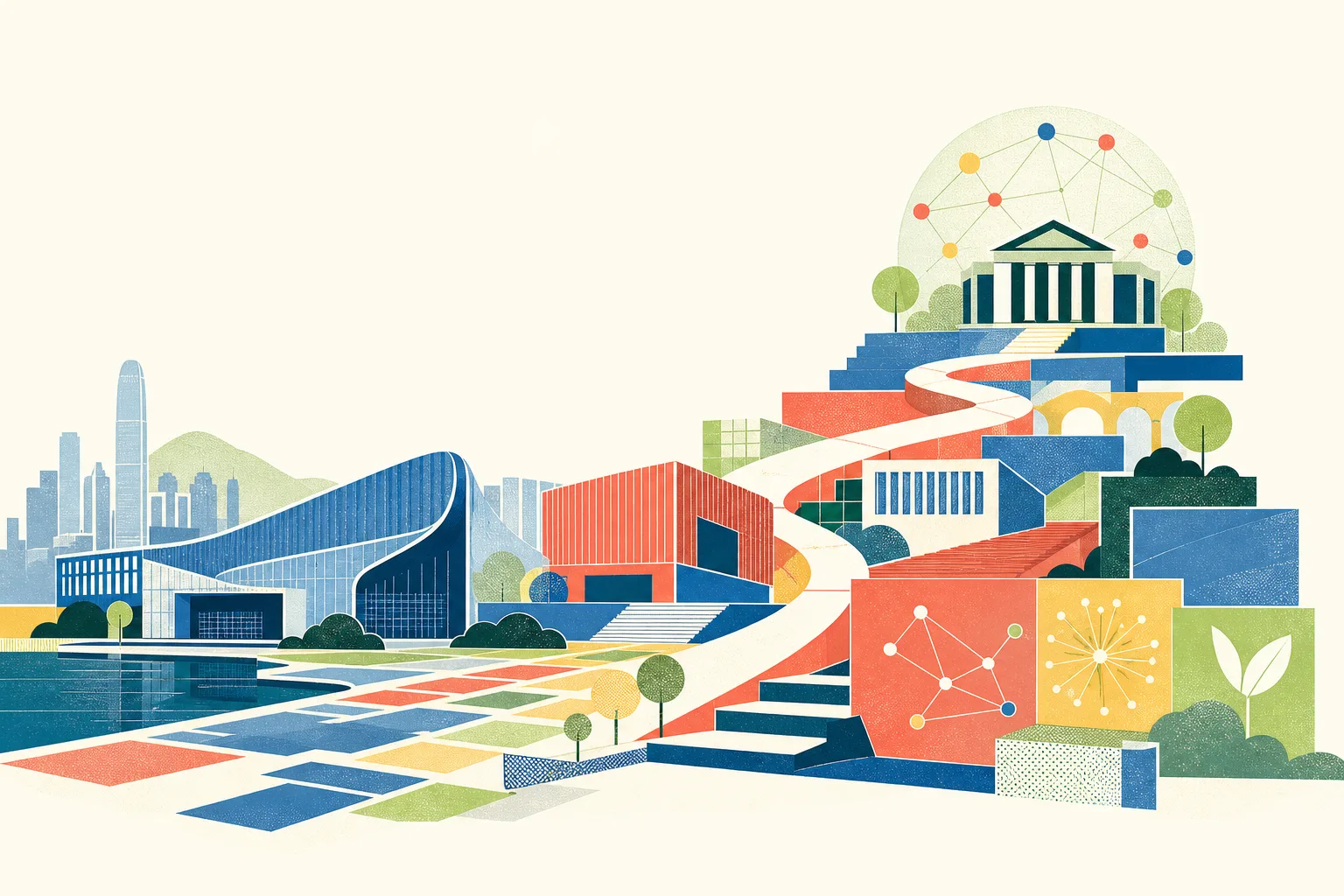 A flat cut-paper illustration of simplified West Kowloon cultural buildings connected by an upward pathway and interlocking blue, coral, ochre, teal and lime geometric blocks, suggesting a cross-sector philanthropy forum and collaborative civic ambition.