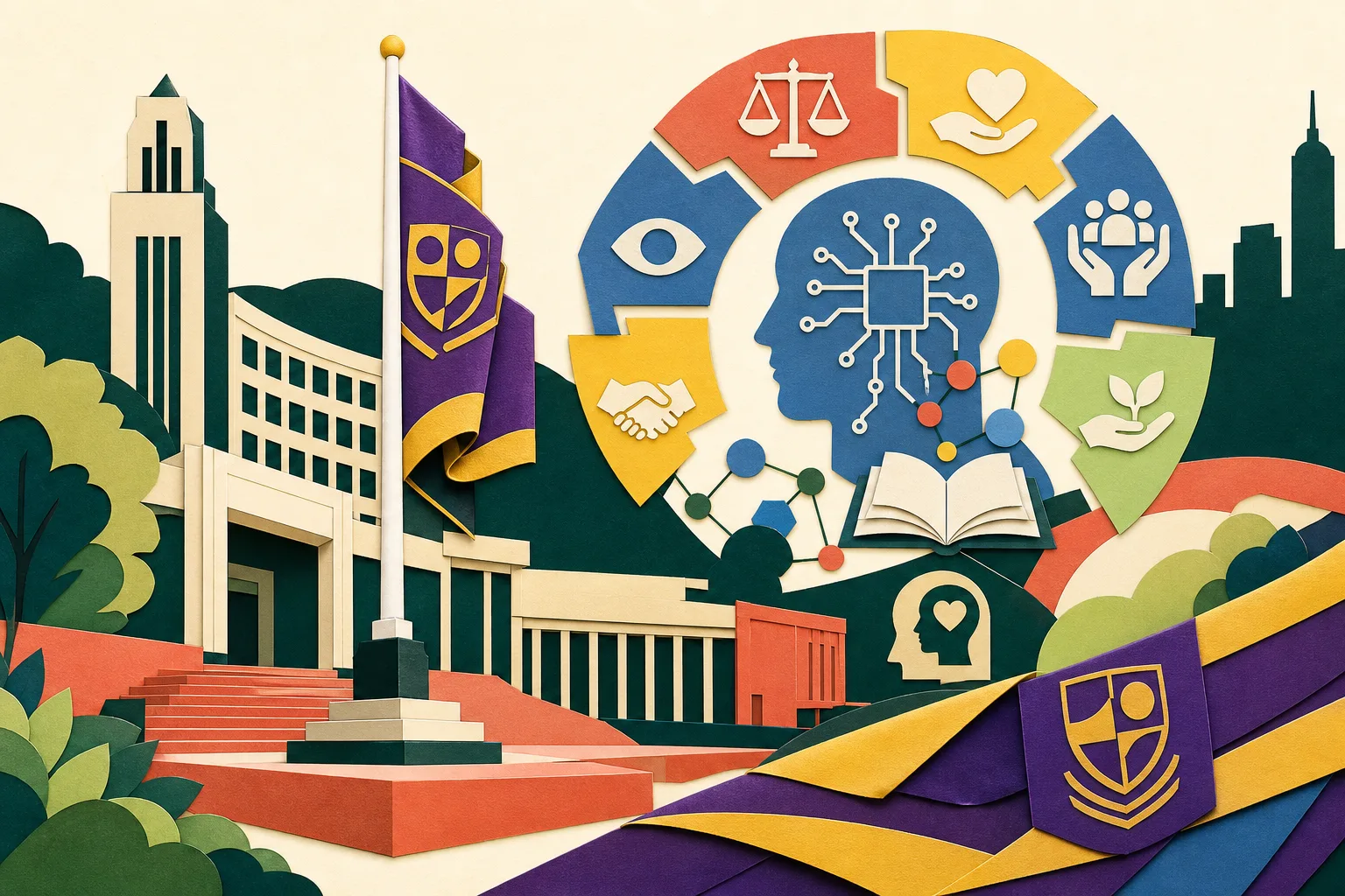 A flat cut-paper illustration of a university campus gateway, ceremonial flagpole and folded purple-and-gold uniform shapes, connected to an abstract circuit-and-open-book diagram by geometric bands representing ethics, critical thinking and social responsibility.