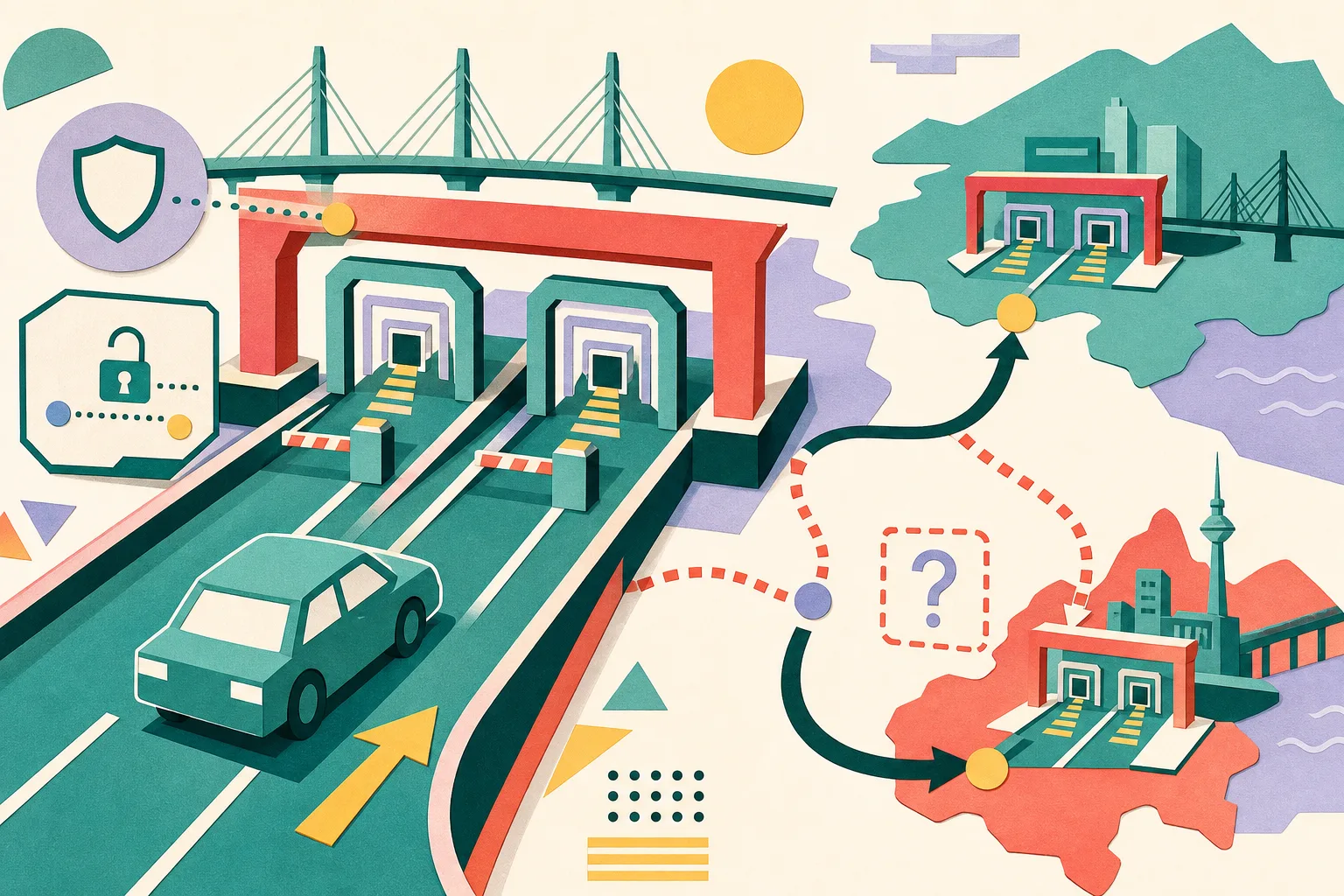 A cut-paper diagram shows a simplified private car moving through geometric checkpoint frames on a bridge-port roadway, with a dotted route toward a second port node and an open data-protection panel.