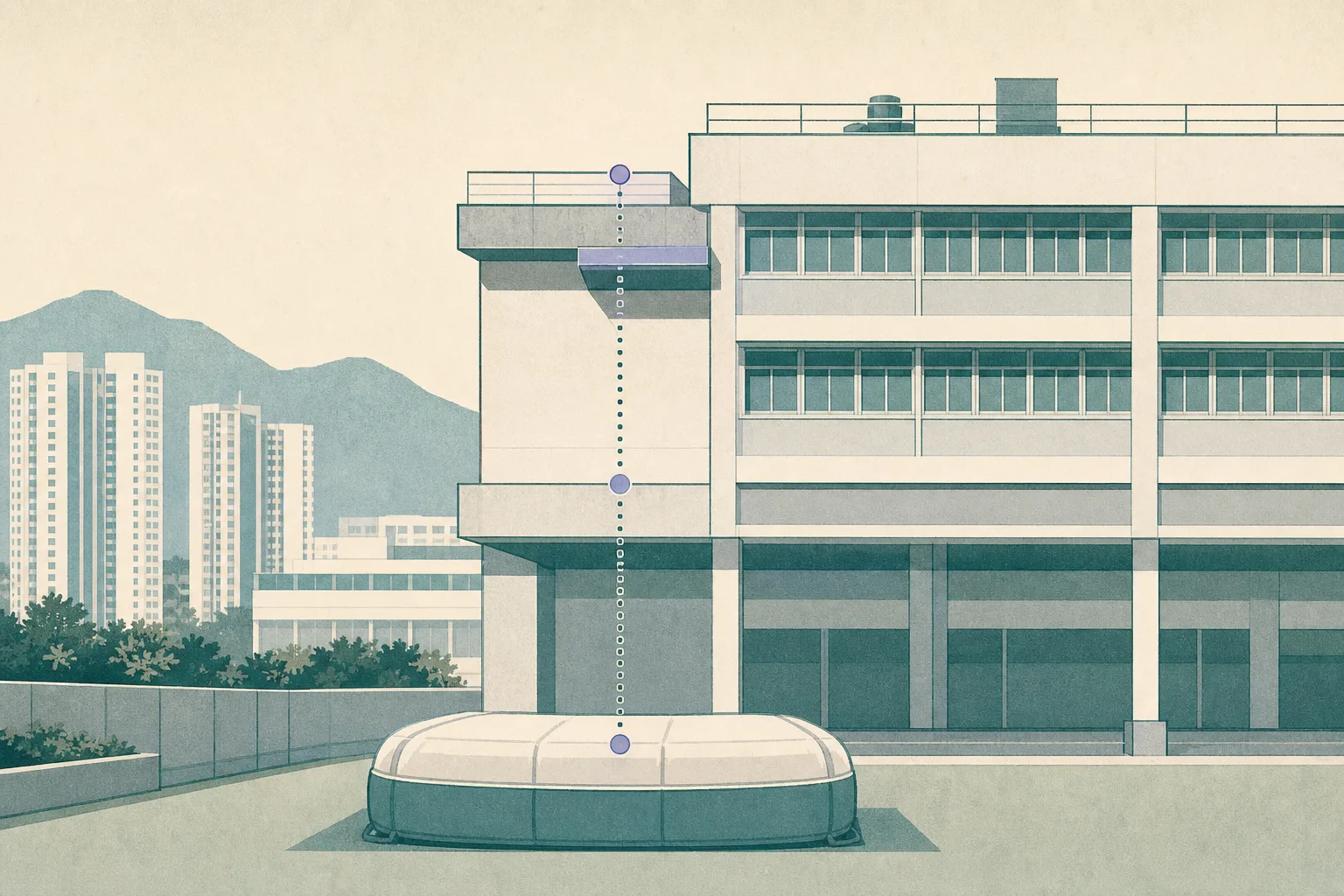 A people-free cut-paper diagram of a simplified school facade with an upper exterior ledge, a concrete parapet, and a rescue cushion positioned at ground level below.