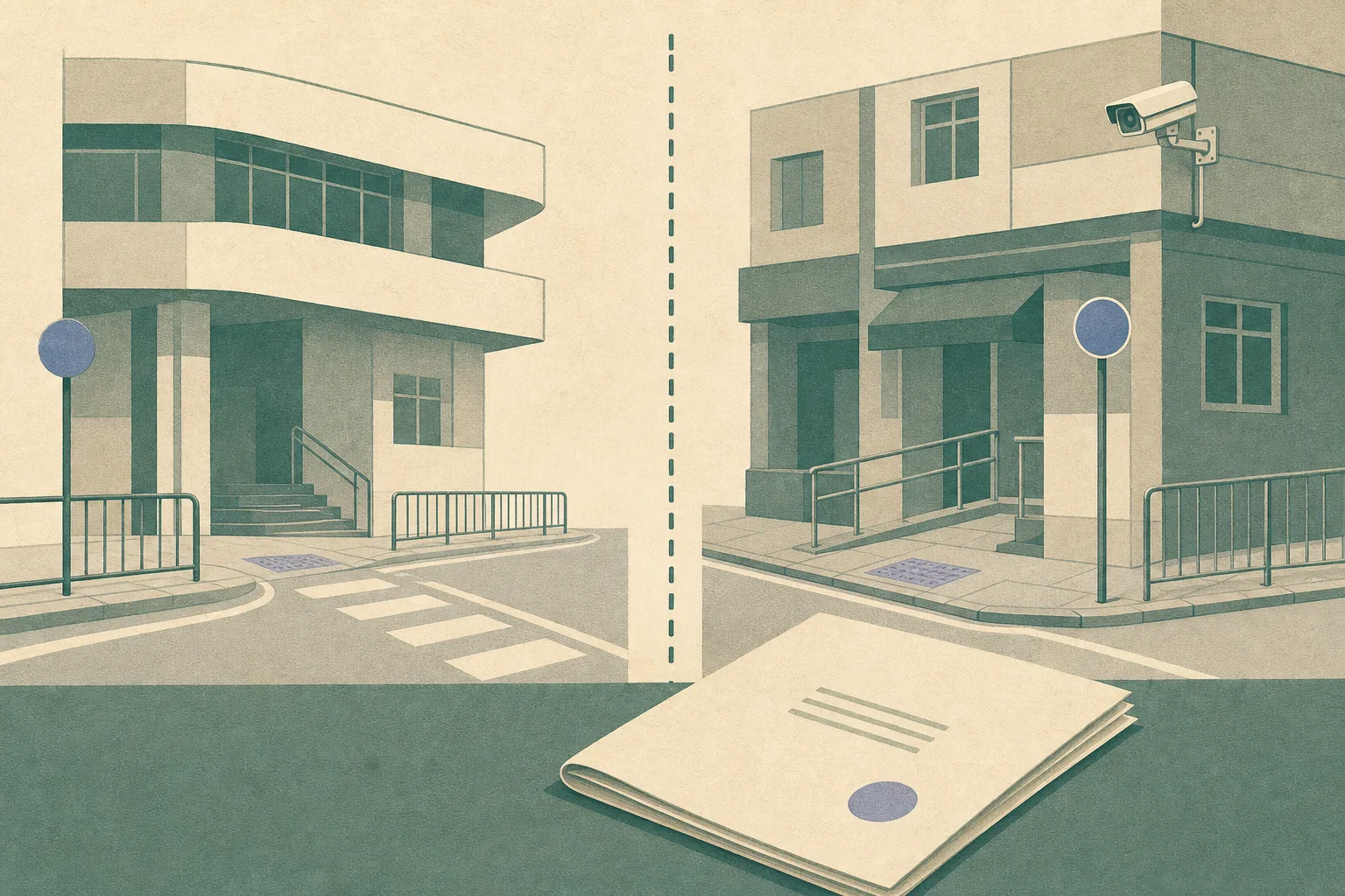 A flat architectural collage of two simplified Hung Hom street-junction sections divided by a clean boundary line, with a small CCTV camera on a building edge and a folded court document in the foreground; no people are shown.