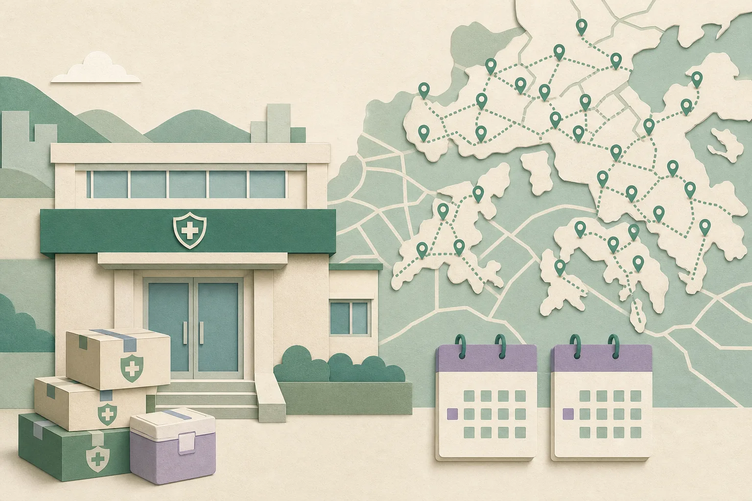 A cut-paper illustration shows a simplified Hong Kong family-medicine clinic beside sealed vaccine supply cartons, with a connected district grid and small outreach markers. Two calendar tiles show 17 and 18.