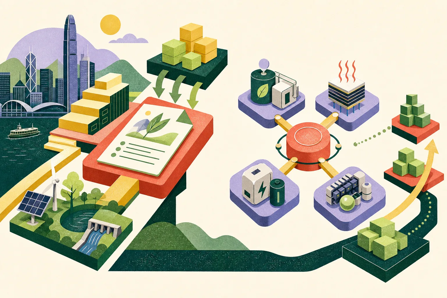 Abstract cut-paper diagram with two clearly separated panels: the left shows green project forms moving through a structuring pathway toward investment blocks, while the right shows four technology-startup tiles around an accelerator platform and modular scaling blocks. Coral, mineral blue, muted-l精