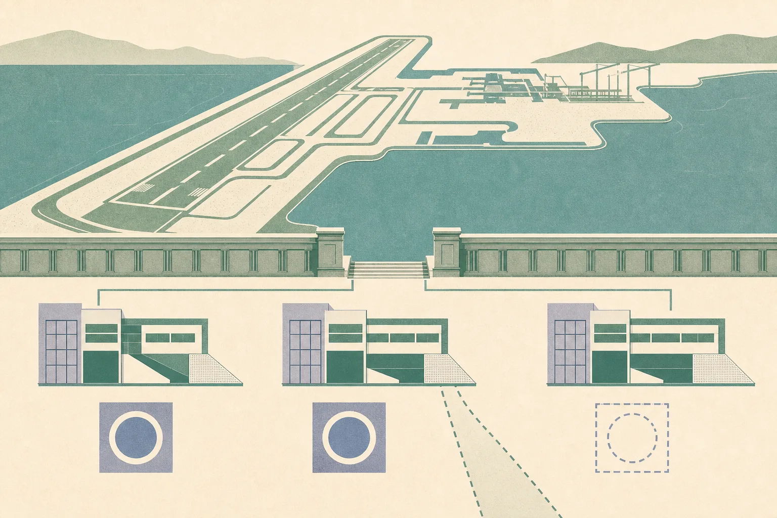 A people-free cut-paper illustration of parallel airport runway and reclamation forms leading to separated construction blocks beside a neutral courthouse-like divider, with two closed markers and one open pathway indicating an ongoing legal process.