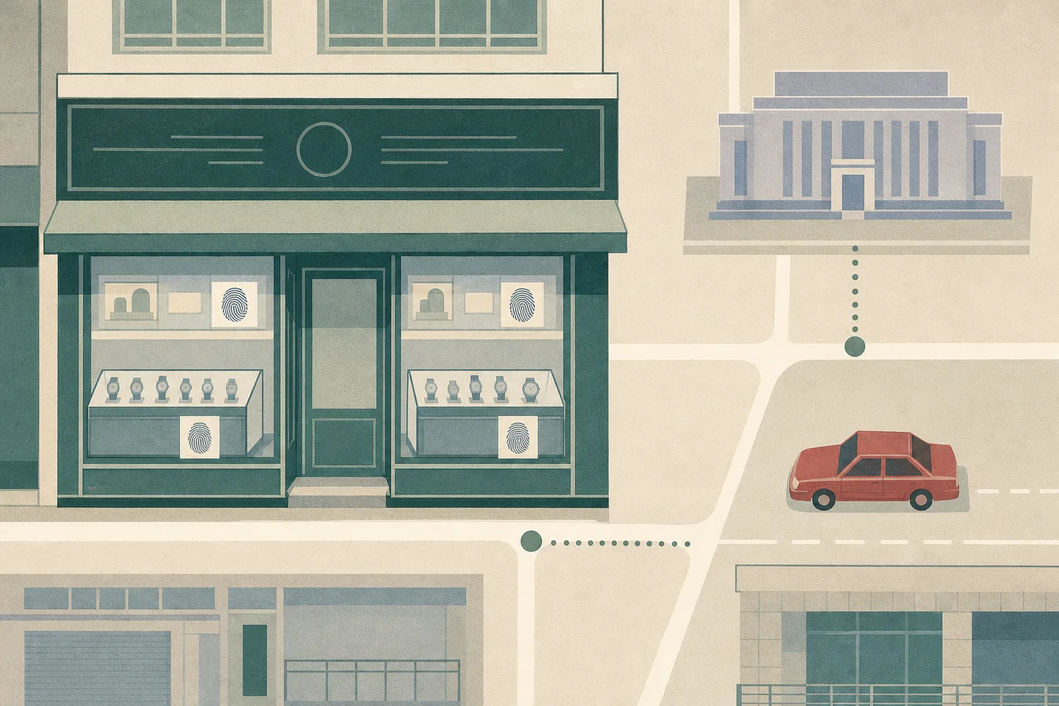 A restrained cut-paper diagram of an empty ground-floor watch-shop frontage beside a simple street grid, with four neutral fingerprint marks on separated display-case shapes, a detached red car form at a junction, and a quiet courthouse block in the background.