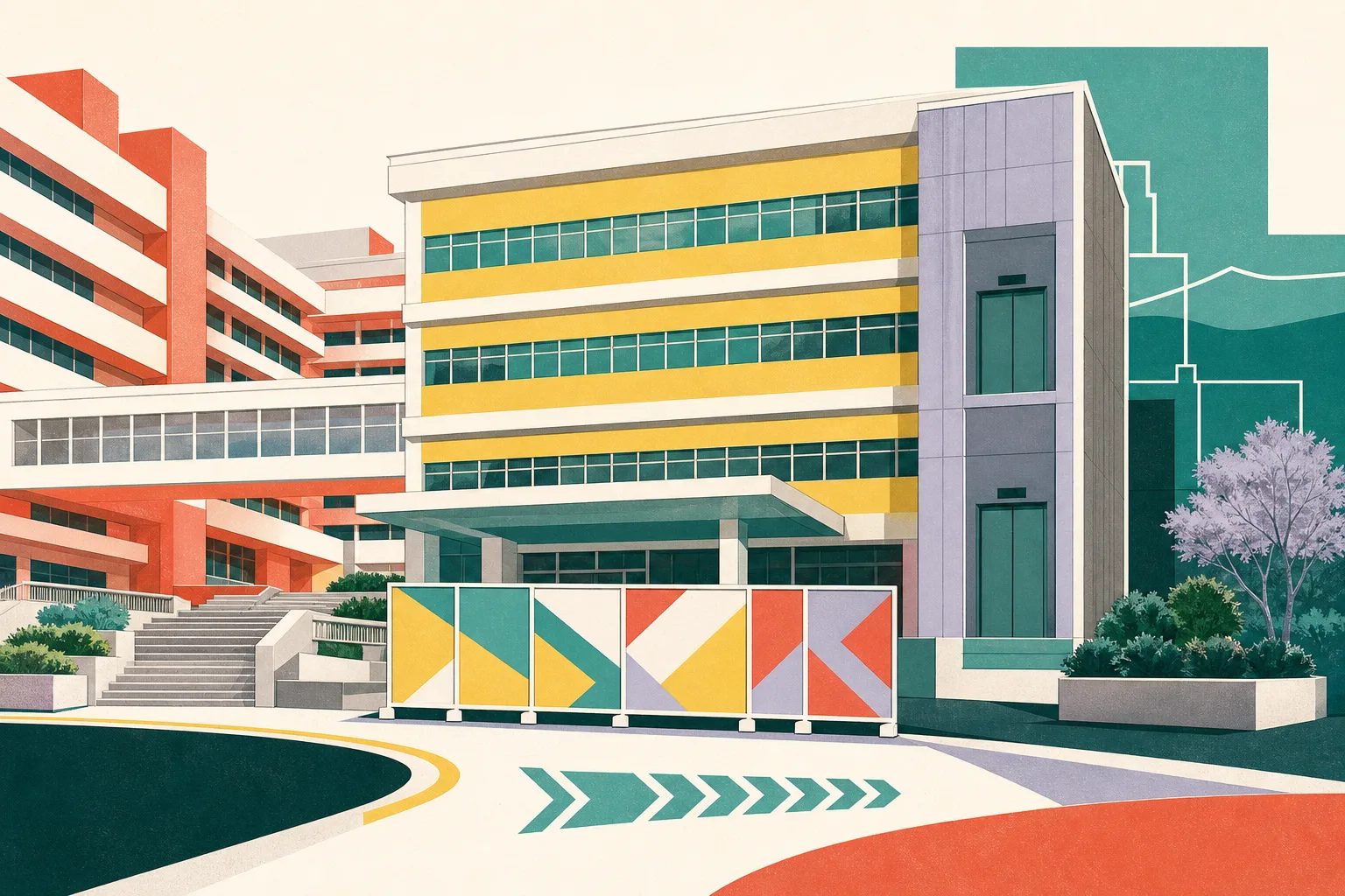 Flat cut-paper illustration of a modern hospital wing beside an existing hospital block, with closed lift doors and a geometric testing checkpoint positioned before the new entrance.