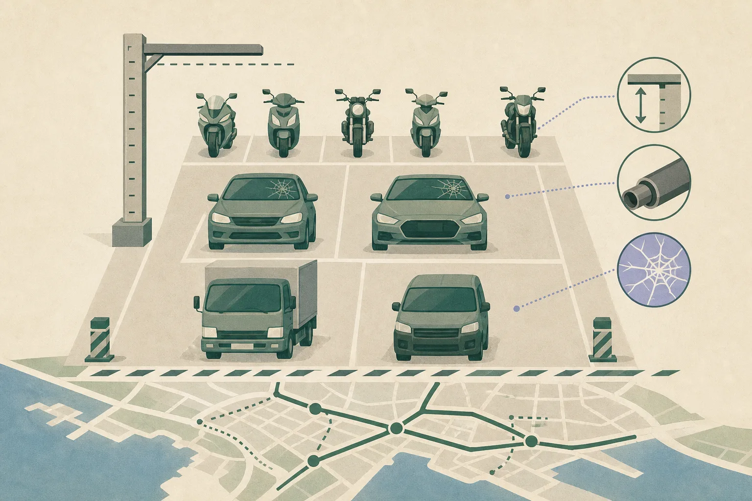 A low-chroma diagram shows nine simplified vehicles arranged in separate inspection spaces behind a boundary, alongside abstract markers for vehicle height, an exhaust pipe and a cracked windscreen.