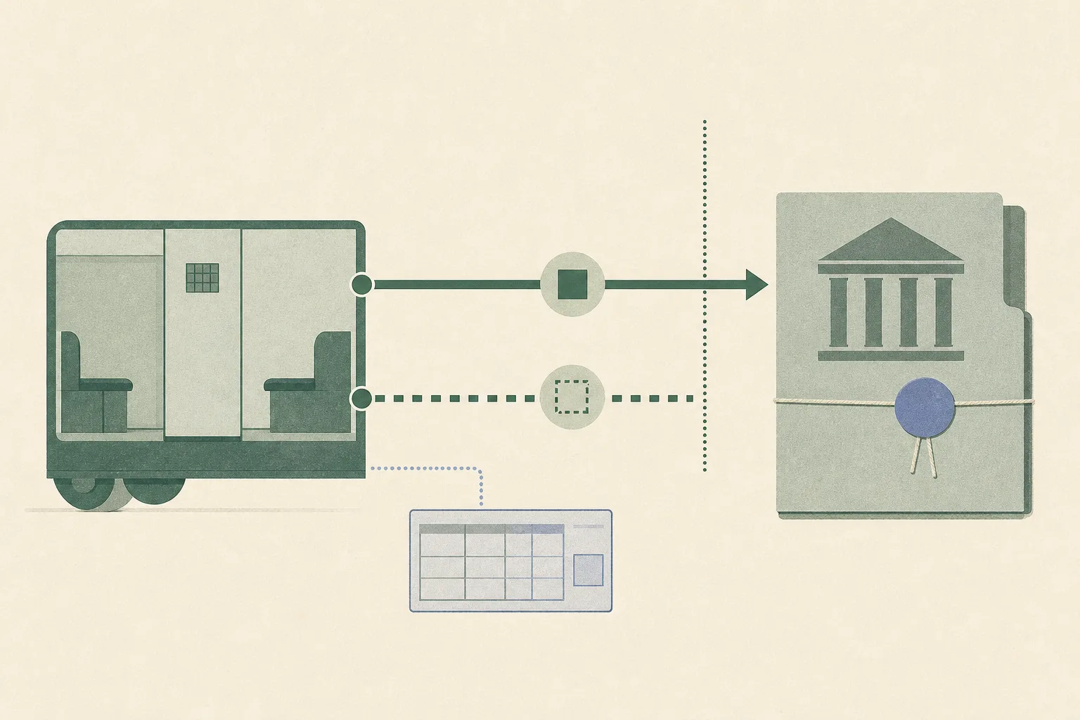 A muted diagram shows a simplified police-vehicle compartment connected by two diverging evidence lines to a sealed court file, with an abstract recording frame and a clear gap between the competing routes.