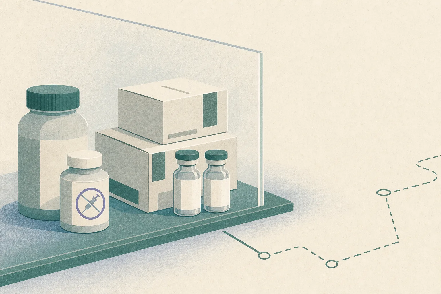 A restrained cut-paper still life of generic sealed vials and laboratory reagent containers behind a transparent regulatory boundary, with an incomplete route line suggesting authorities tracing distribution.