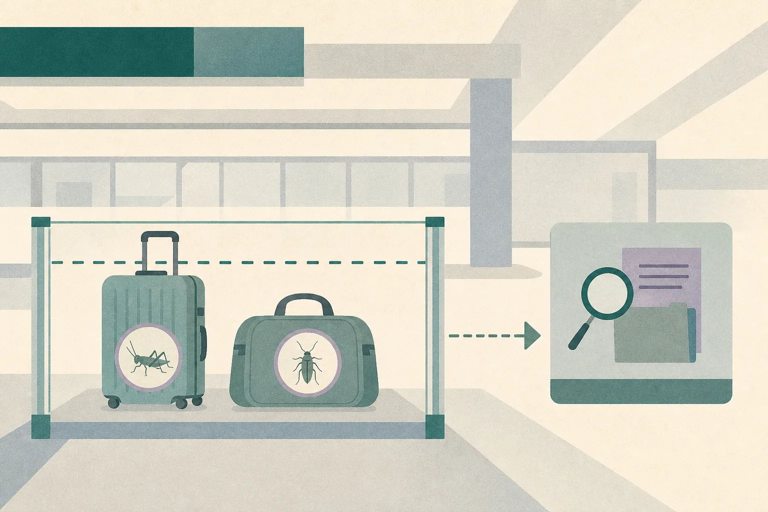 A restrained diagram of a Hong Kong border-control arrival hall shows two neutral luggage shapes behind an inspection line, with small cricket and dubia cockroach symbols inside, linked by a quiet arrow to a follow-up investigation panel.