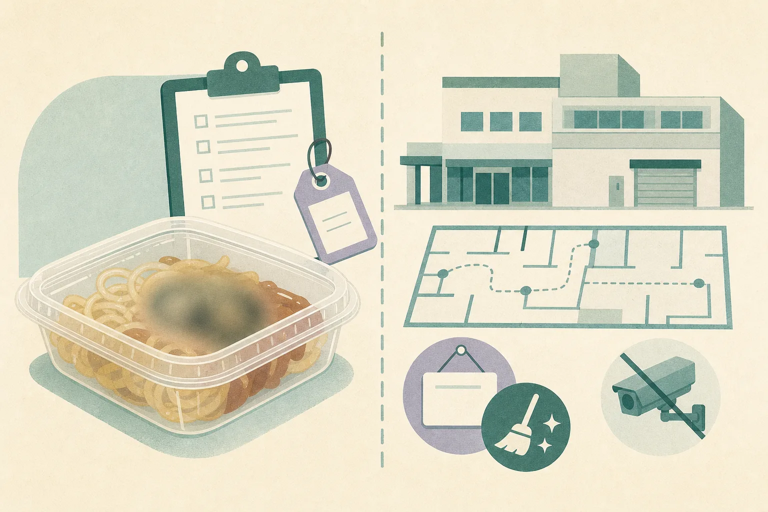 A restrained cut-paper diagram shows a sealed takeaway container with abstract noodles and sauce beside an inspection clipboard, a generic industrial-building plan, a closed-day cleaning marker and a broken-camera icon, separated by a clear boundary line.