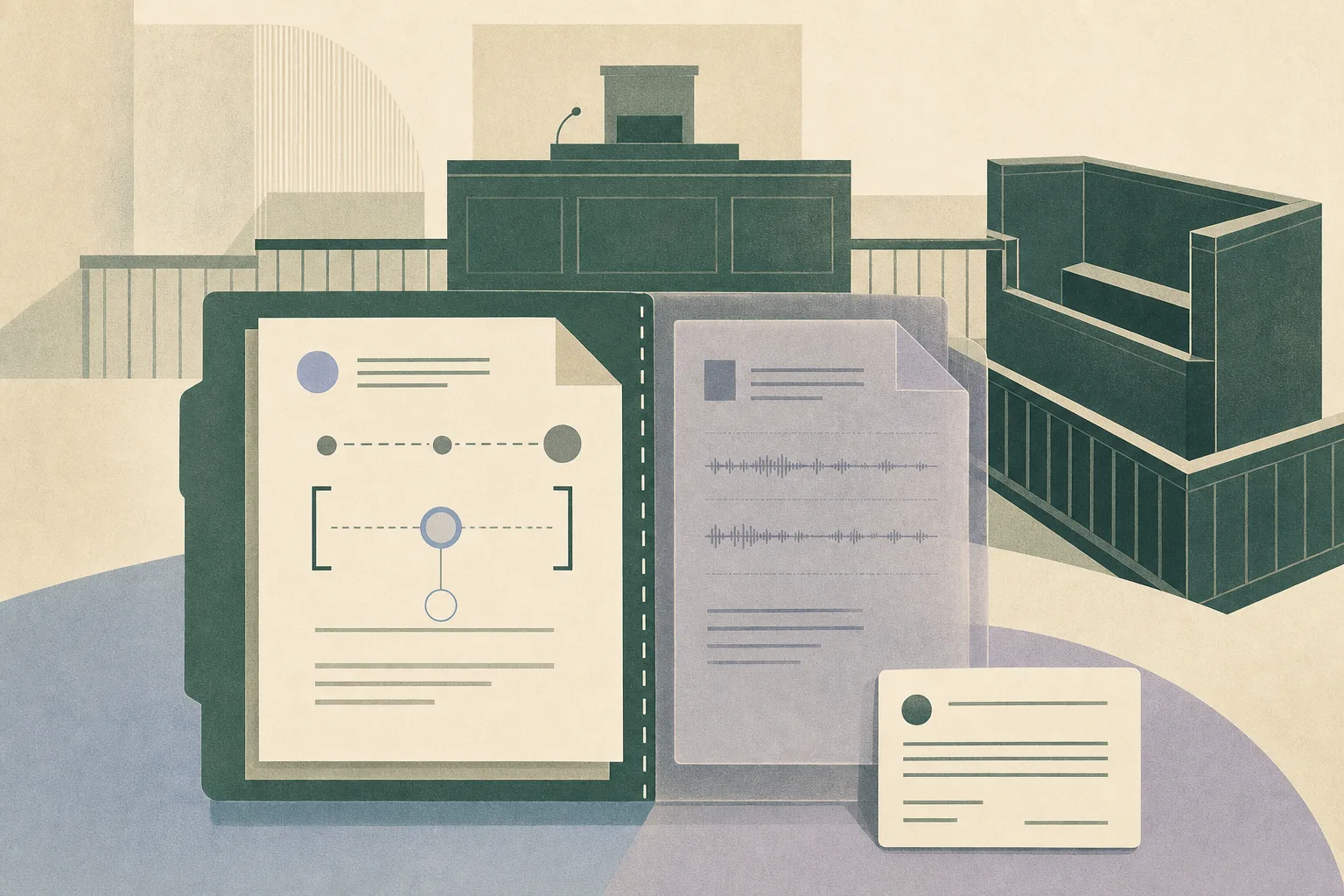 A flat, subdued courtroom diagram shows an empty witness box beside two separated legal documents, one centred on age verification and the other marked as contested, with a small adjournment record at the edge.