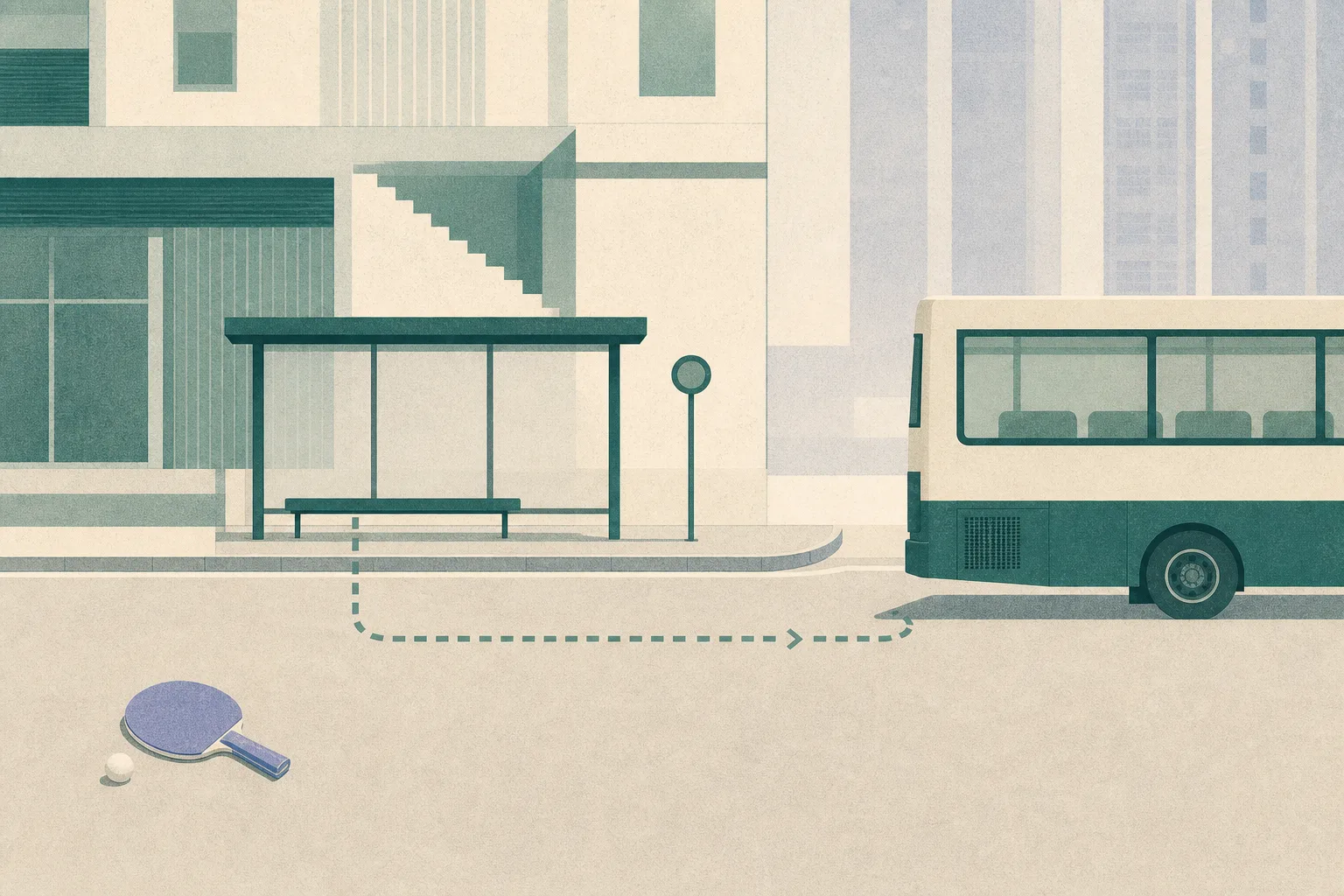 A flat cut-paper illustration of an empty bus stop and curb beside the partial side of a departing bus, with an interrupted route line and a table-tennis paddle and ball set apart in the foreground.