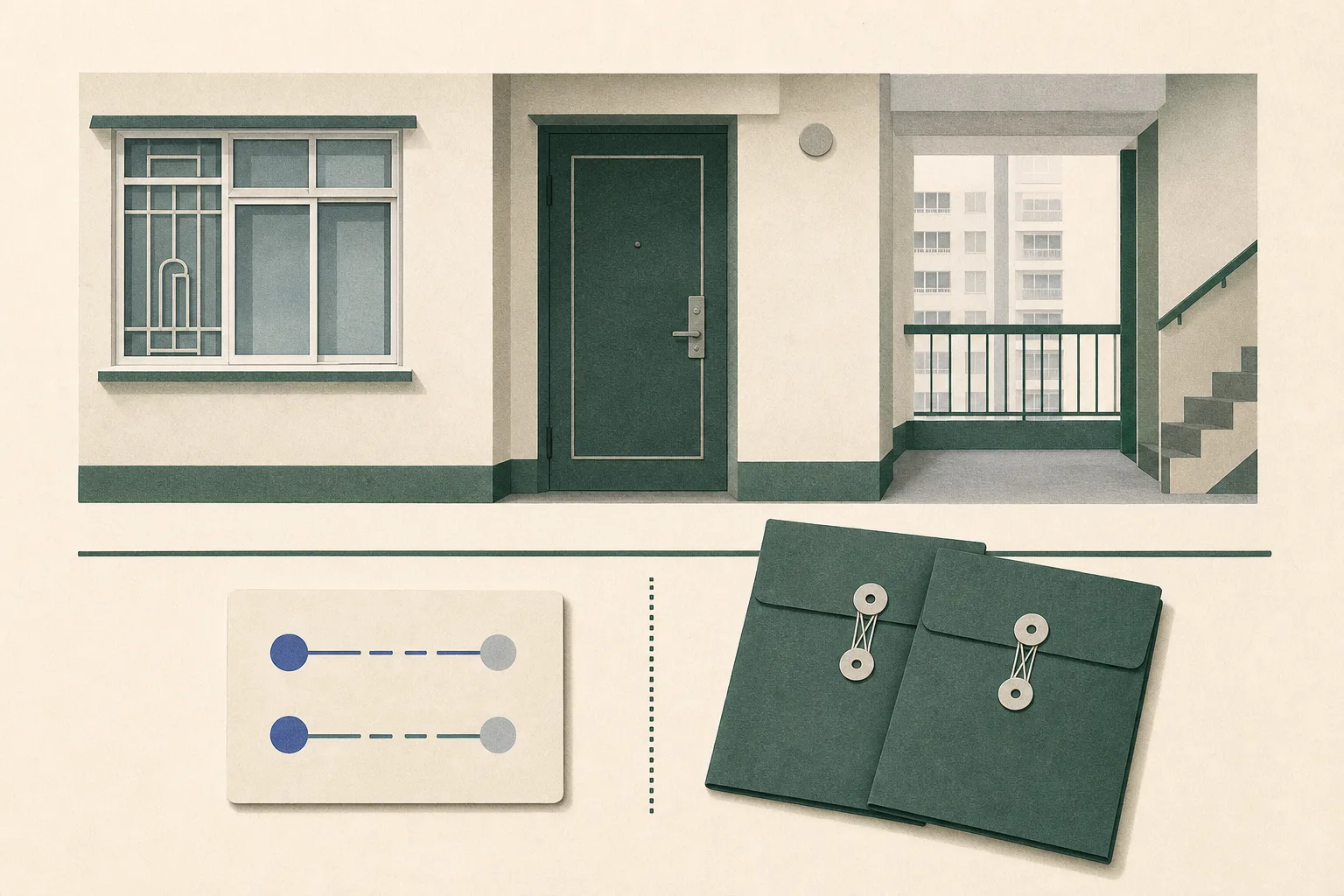 An anonymised high-rise flat elevation with a closed door, living-room window and shared corridor, separated by a fine boundary from a court-date card and two sealed report folders.