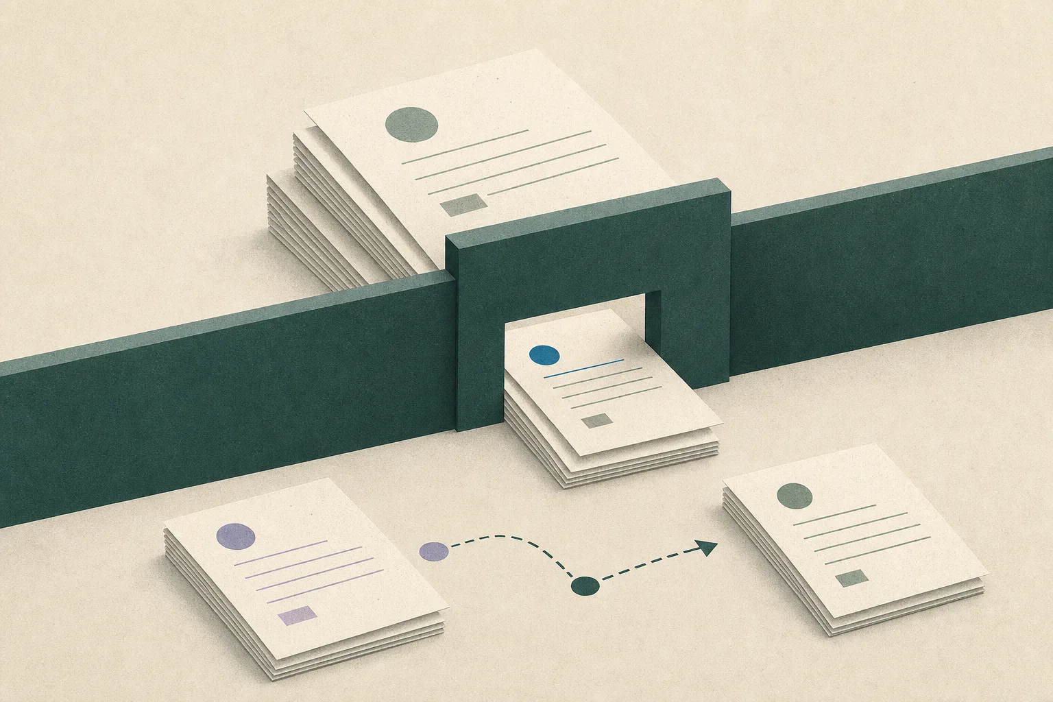 An abstract illustration of anonymised court documents divided by an institutional partition, with some pages visible through an opening and others kept behind it, suggesting partial disclosure and an ongoing legal review.